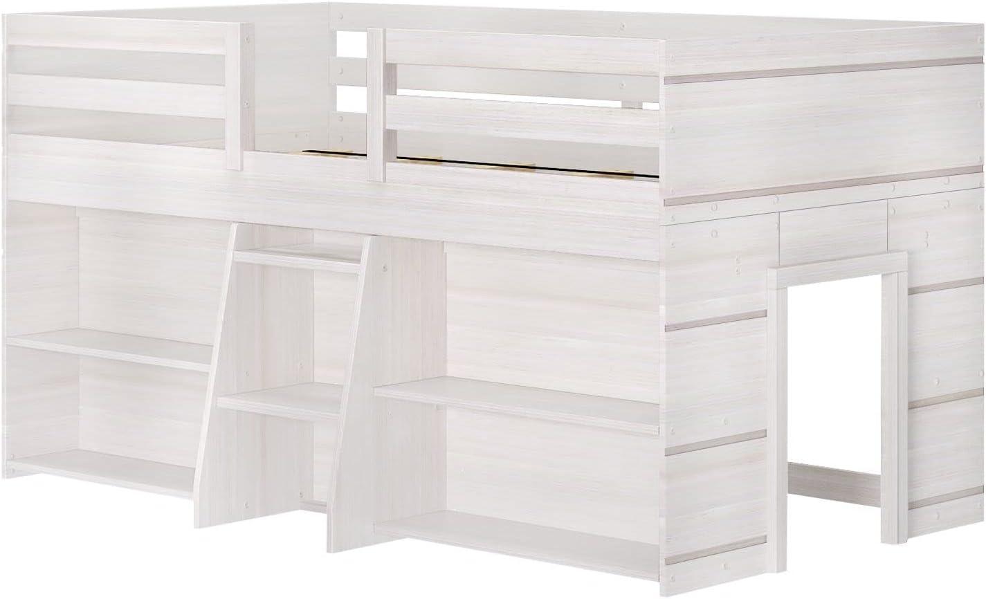 Max & Lily Loft Bed Twin Size, Solid Wood Low Loft Bed with 2 Bookcases and Ladder, Modern Farmhouse Loft Bed for Kids