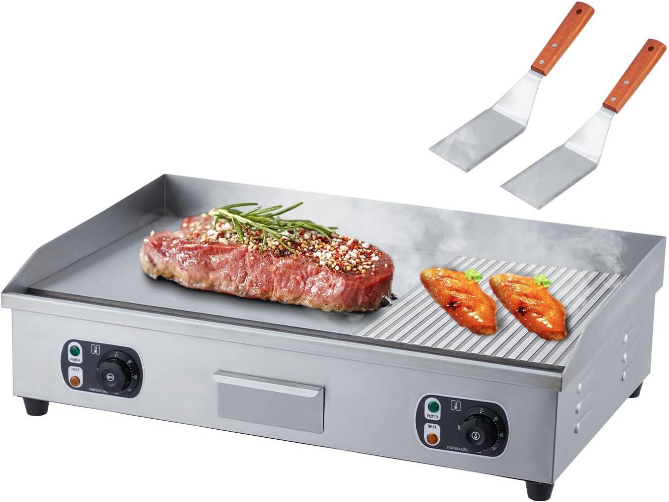 Commercial Electric Griddle with Adjustable Thermostatic Control 122°F-572°F Electric Countertop Flat Top Griddle 110V 60HZ Non-Stick  Teppanyaki Stainless Steel Grill for Home Restaurant