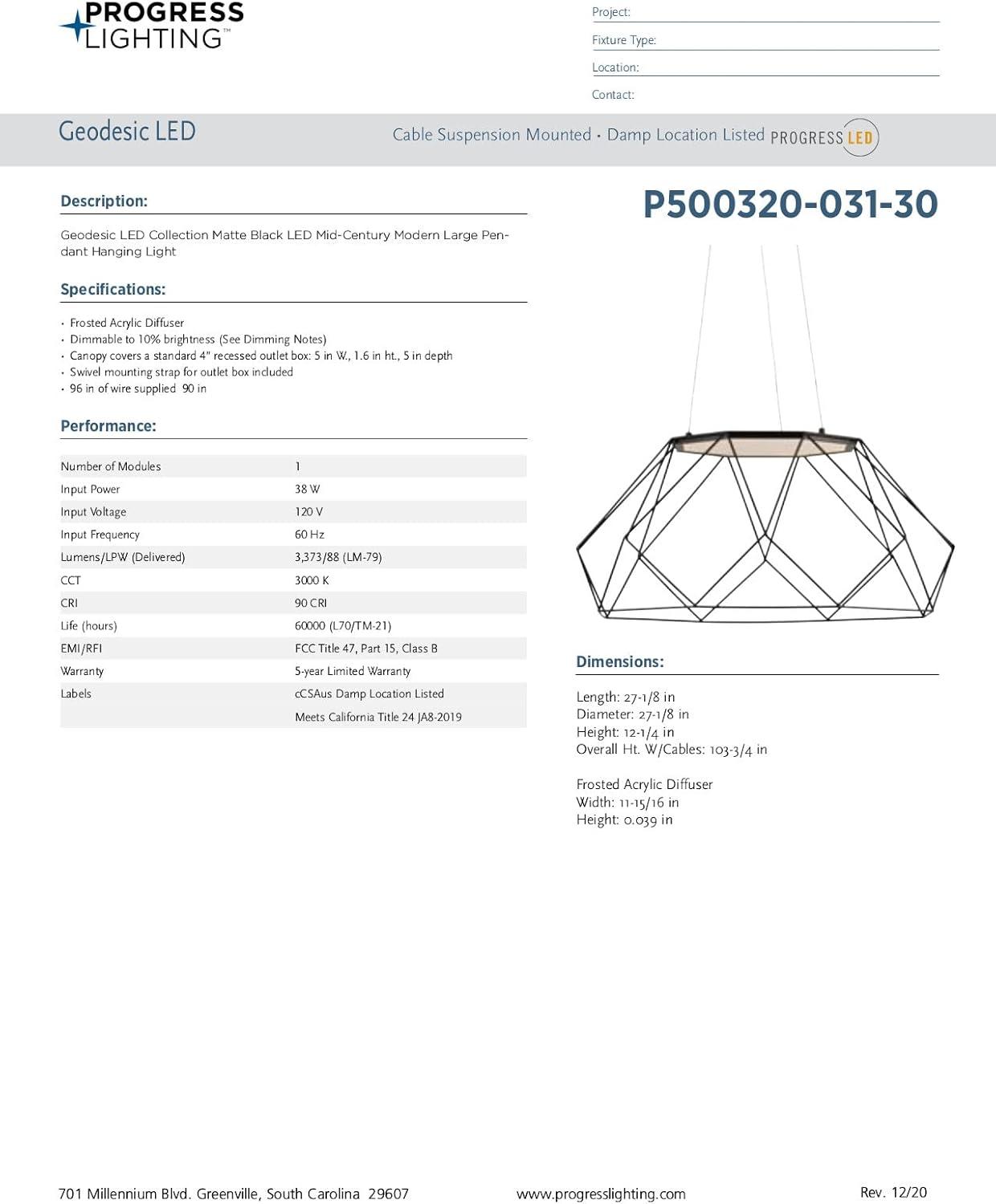 Progress Lighting, Geodesic, 1-Light, Large Pendant, Matte Black, Open Diamond-Patterned Frame