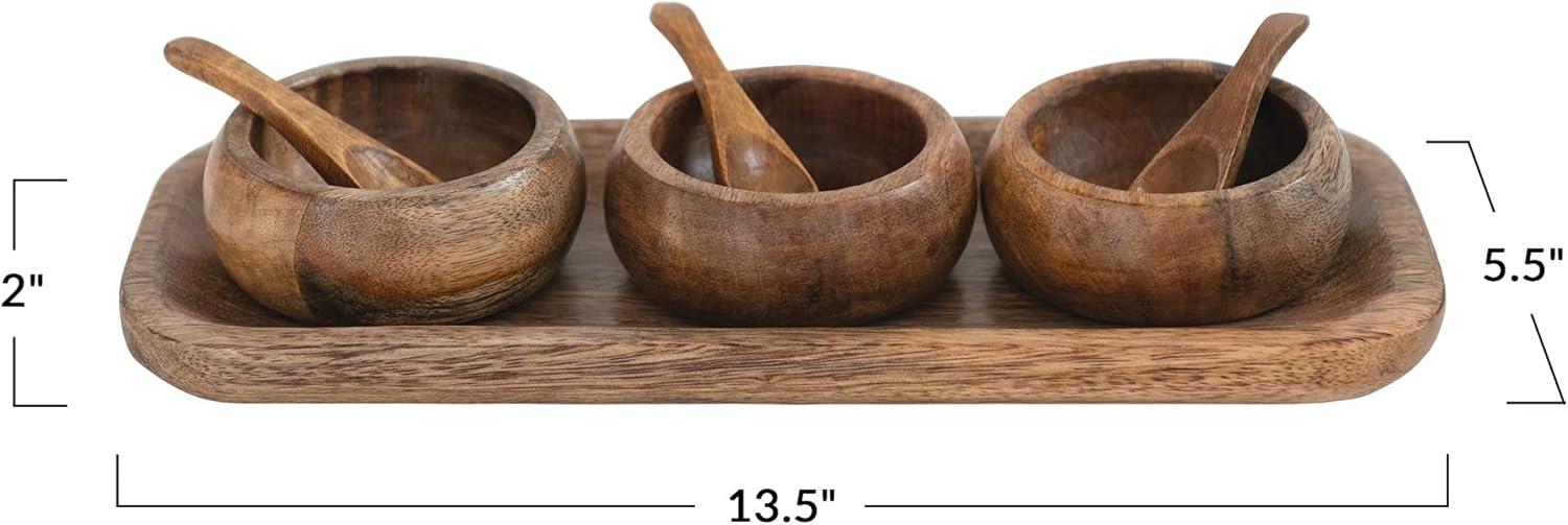 Natural Mango Wood Spice Bowl Set with Spoons and Tray