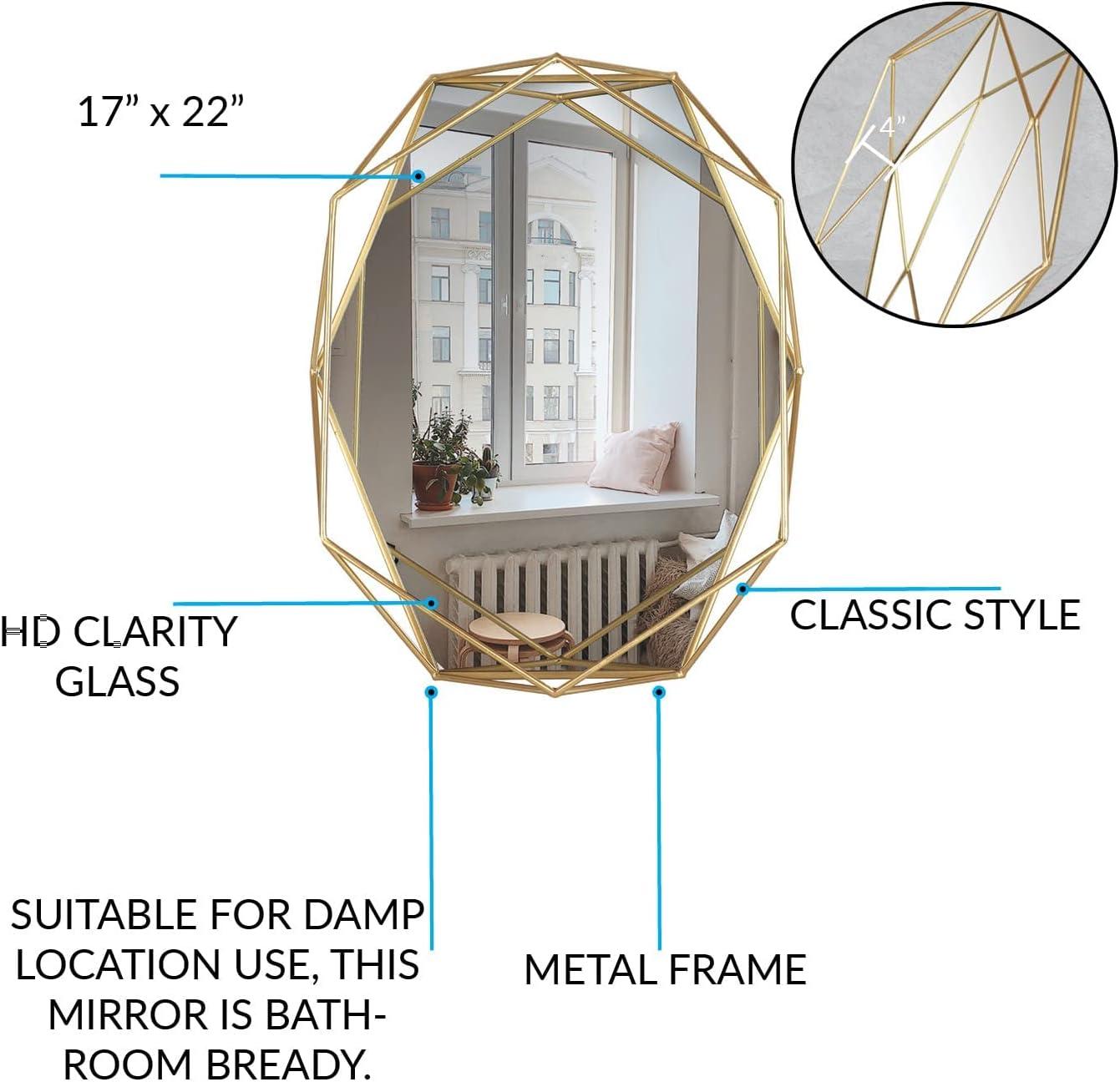 Geometric Gold Metal Frame Oval Wall Mirror, 22x17