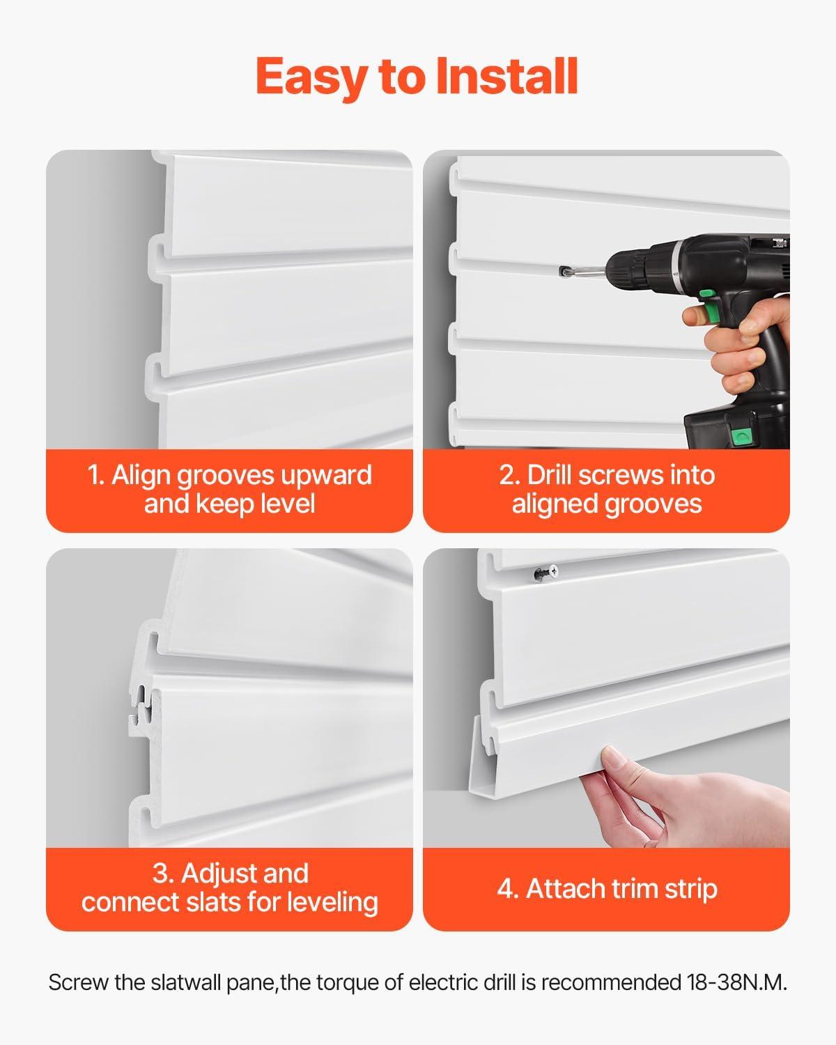 VEVOR Slat Wall Paneling, 8 x 4 ft, PVC Garage Slatwall without Accessories, White Slat Wall Easy-to-Install Adjustable Slatwall Panel with Coupling Structure & DIY Cutting, Fits for Storage & Display