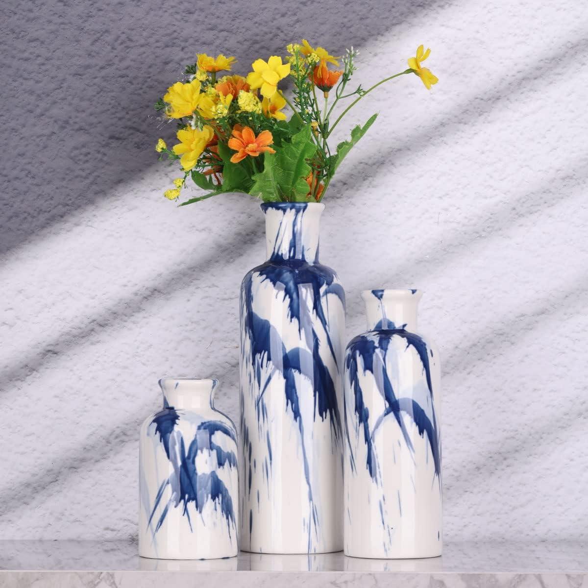 Orren Ellis Blue Ceramic Vase Set Of 3 - Decorative Navy Blue And White Vase For Centerpieces, Farmhouse And Home Decor - Ideal For Living Room, Kitchen, Bedroom, Dining Table And Office Decor