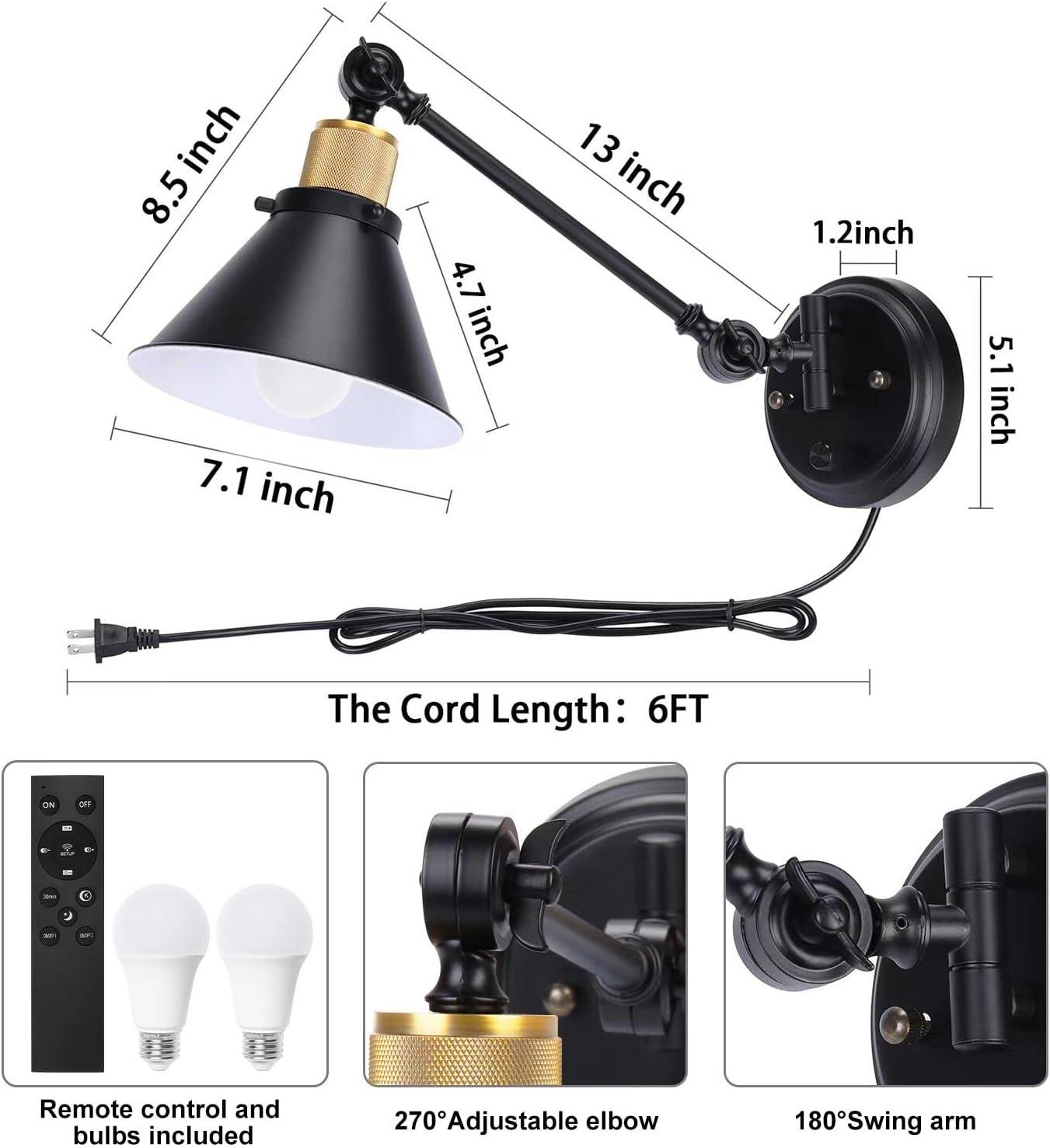 Black and Brass Dimmable Swing Arm Wall Sconce Set