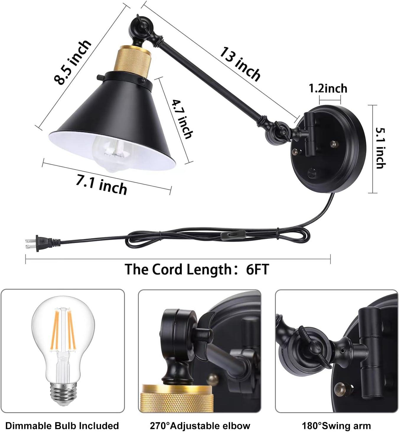 Black and Brass Dimmable Swing Arm Wall Sconce Set