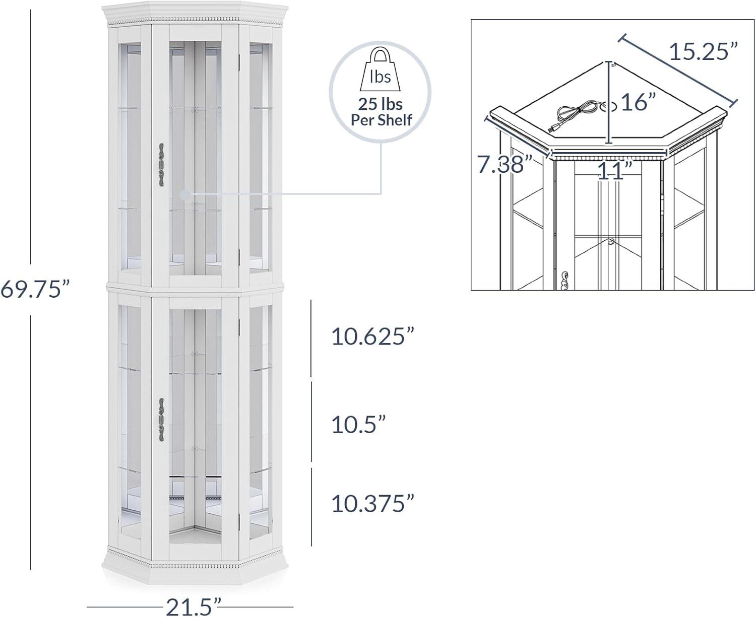 BELLEZE Lighted 3-Side Glass Display Curio Cabinet w/ Tempered Glass Doors & Shelves, Accent Wooden Corner Cabinet with Bulb, Corner Storage Decoration Rack for Living room & Bedroom Corona (White)