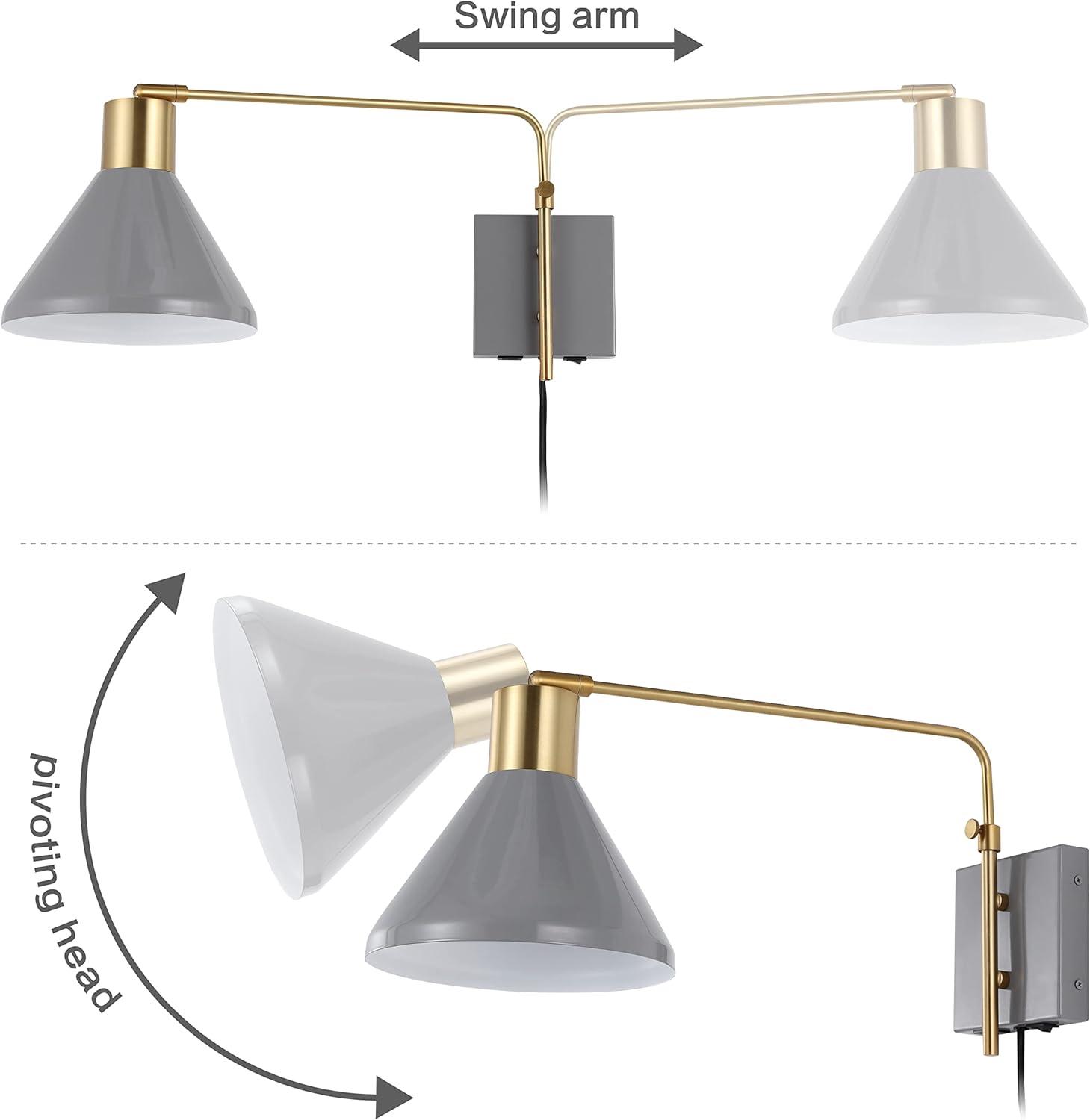 Max 20.5" Swing Arm 1-Light Modern Midcentury Iron USB Charging Port LED Sconce, Grey/Brass Gold