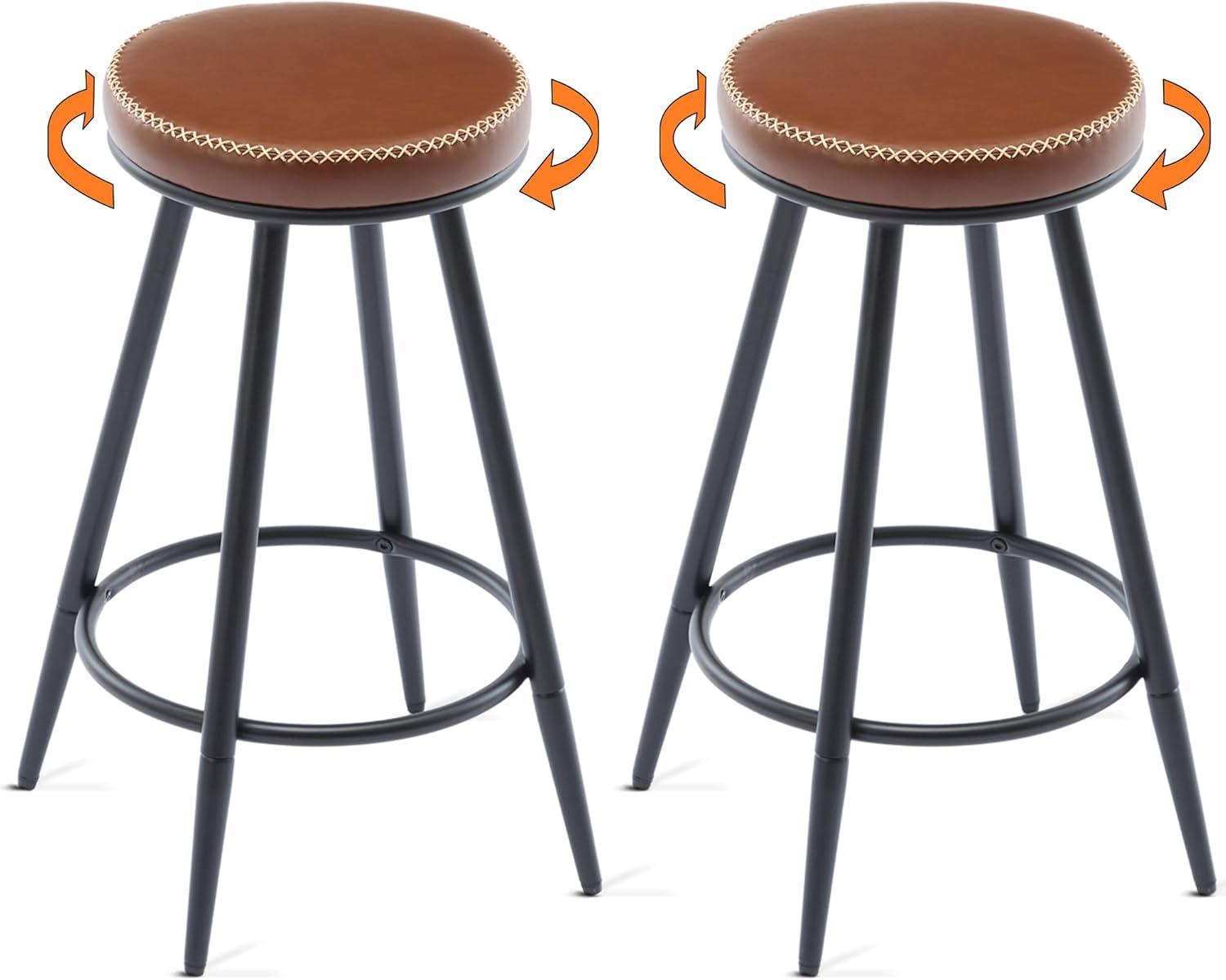 Adjustable Brown Faux Leather Saddle Bar Stools with Metal Legs