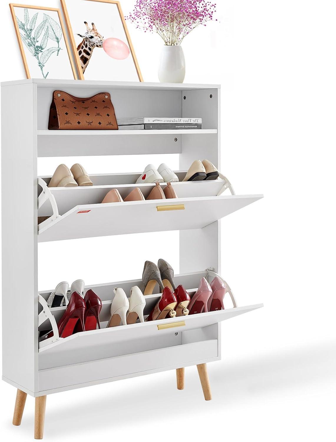 White Wood and Metal Flip Drawer Shoe Cabinet