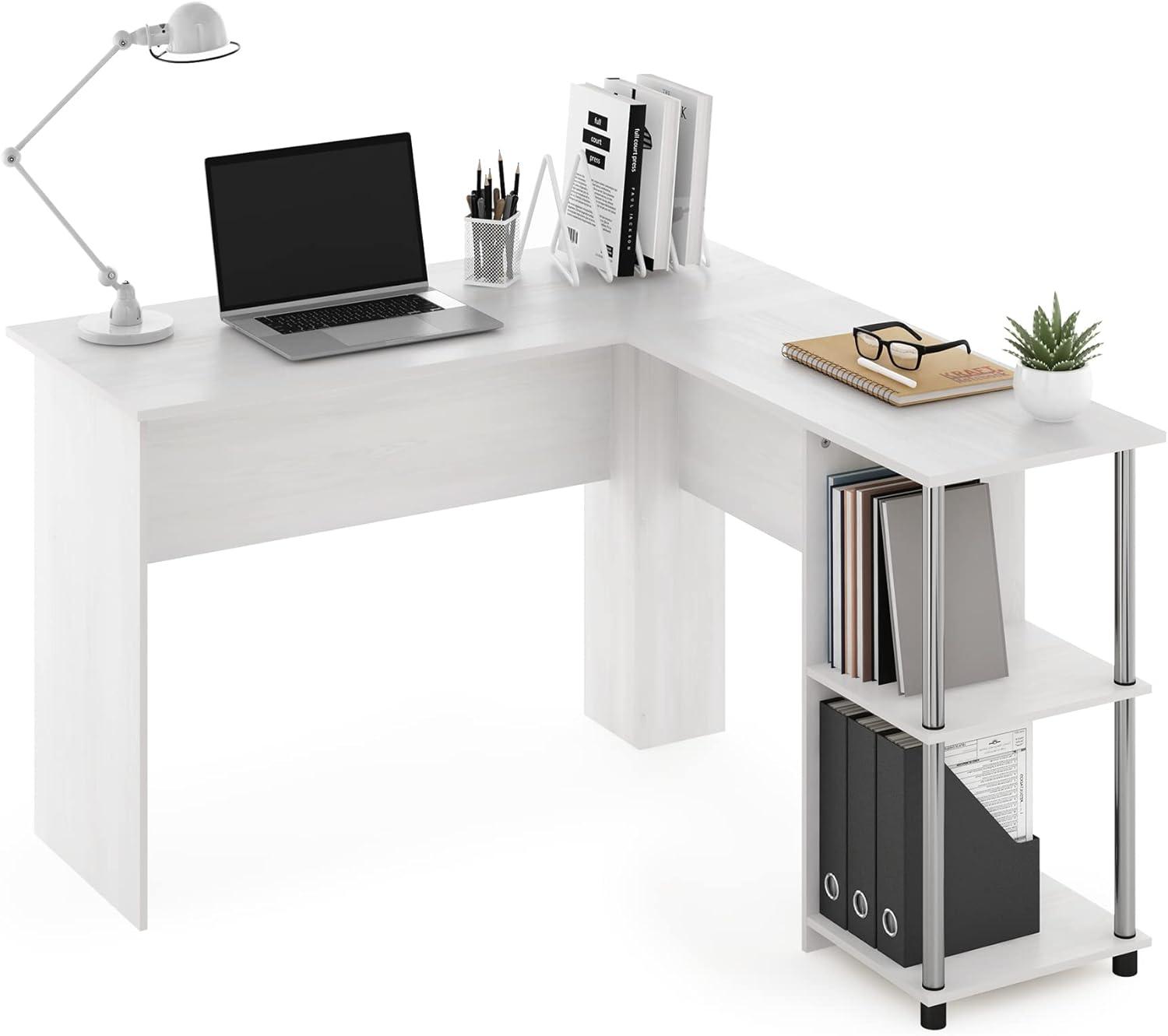 Furinno L-Shape Desk with Stainless Steel Tubes, White Oak