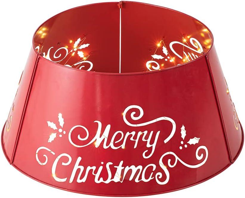 Red Metal Merry Christmas Tree Collar with Lights