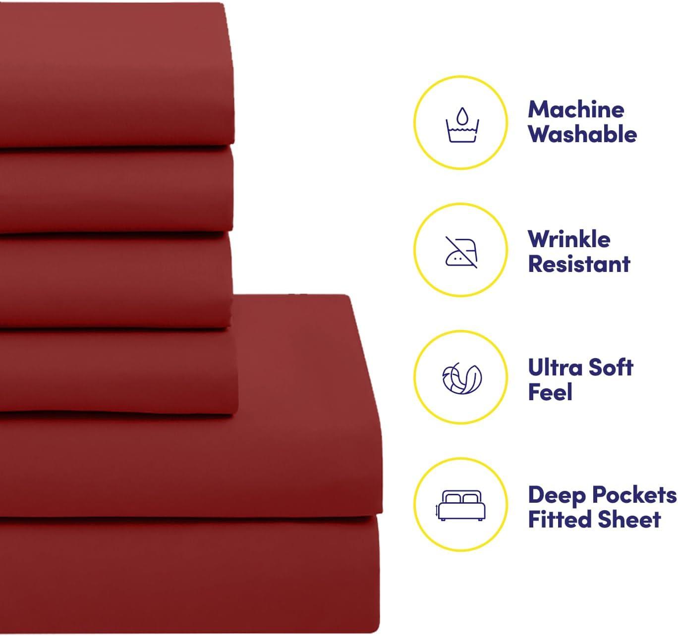 Bed-in-A-Bag Solid Color Comforter & Sheet Set Soft All Season Bedding, King, Red