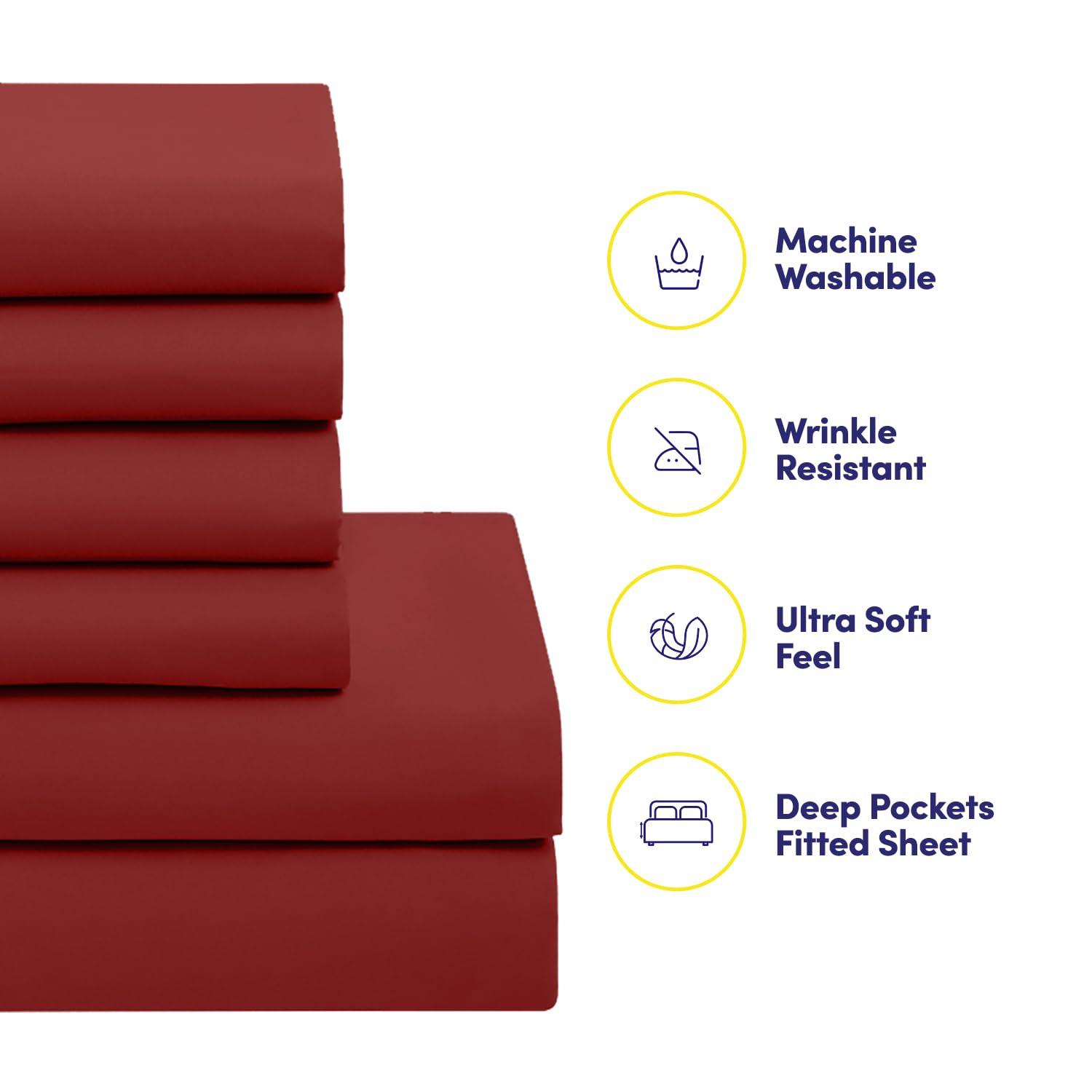 Bed-in-A-Bag Solid Color Comforter & Sheet Set Soft All Season Bedding, King, Red