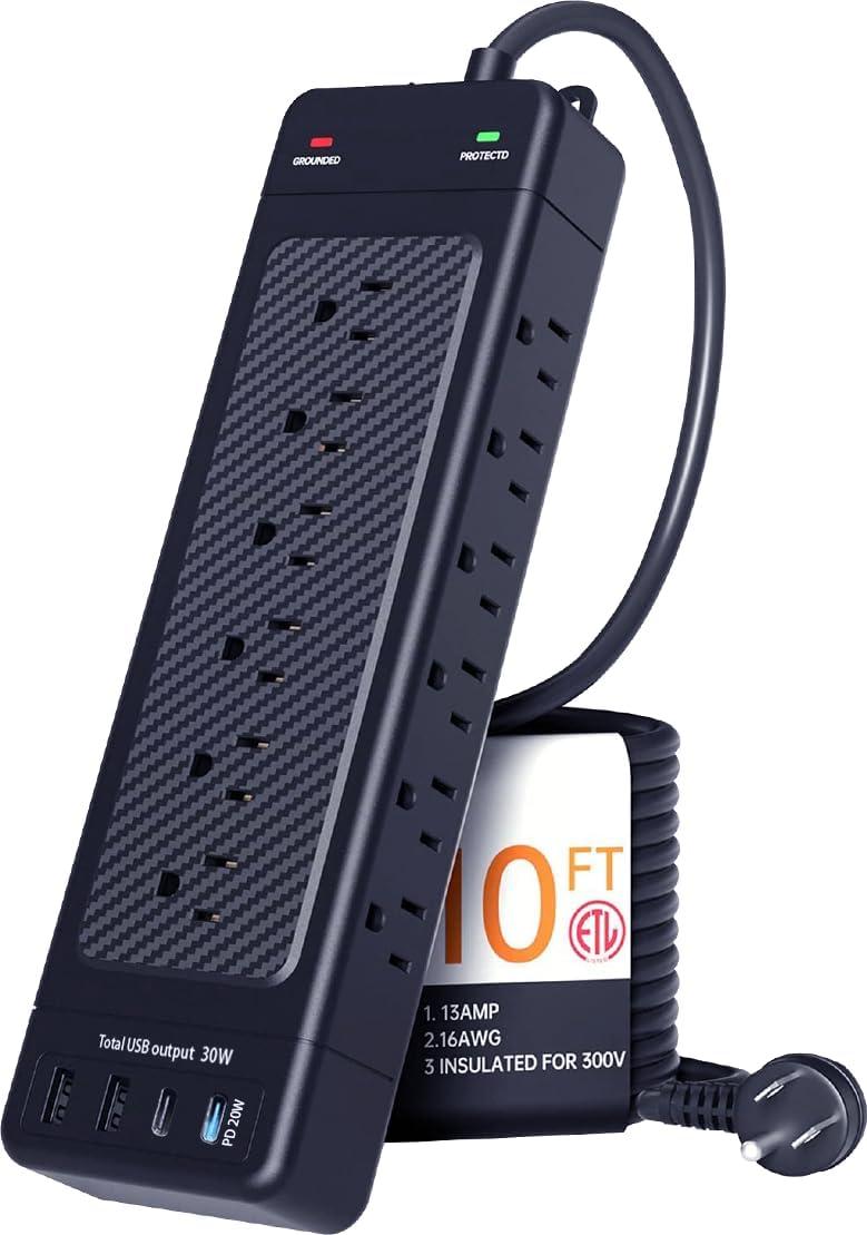 Surge Protector Power Strip 10 ft Cord Heavy Duty High Joules Surge Protection (4800J),18AC,4 USB Ports (2A+2C PD20W Total 37W),1875W 15A,for Commercial,Industrial,Office,Home,College,Black