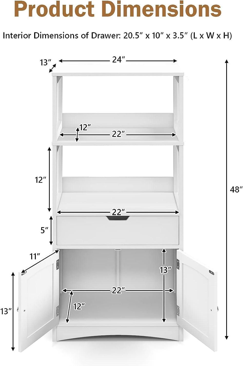 White MDF Floor Cabinet with Shelves and Drawer