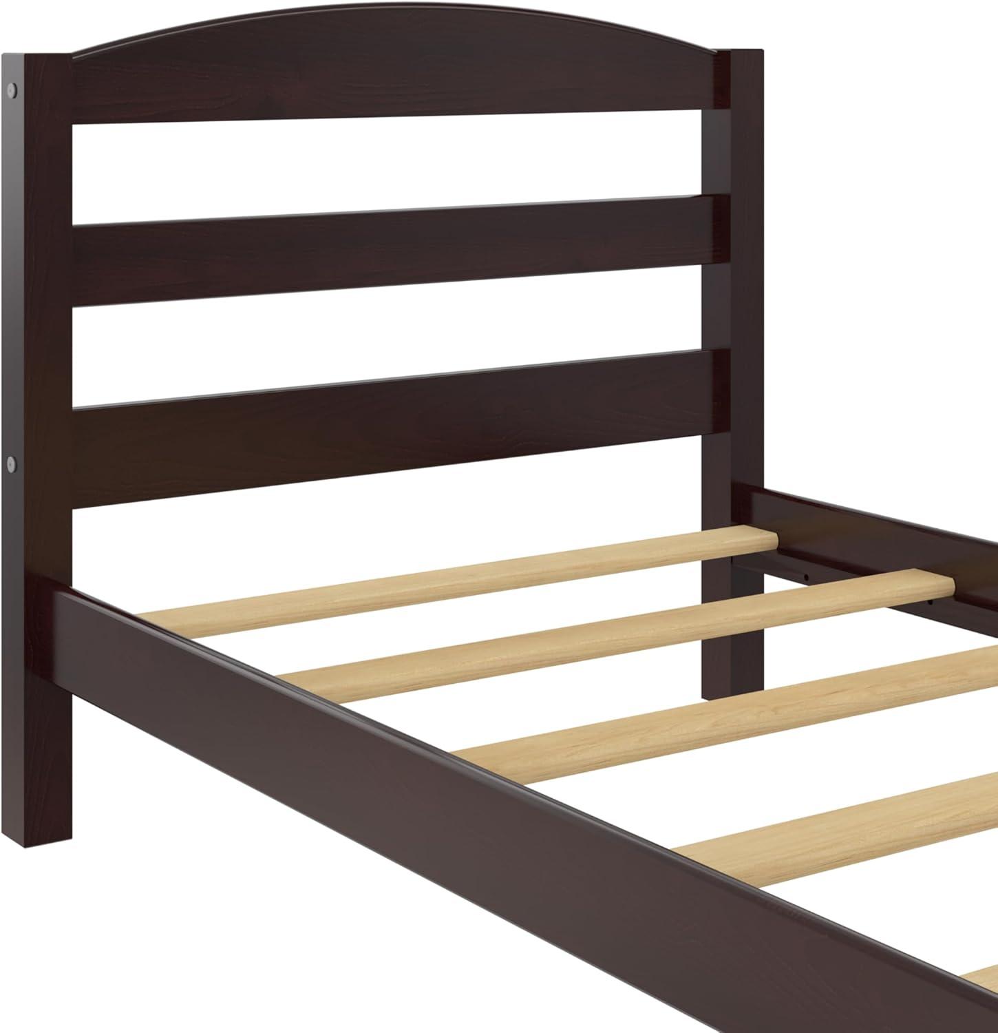 Espresso Pine Twin Platform Bed with Upholstered Headboard