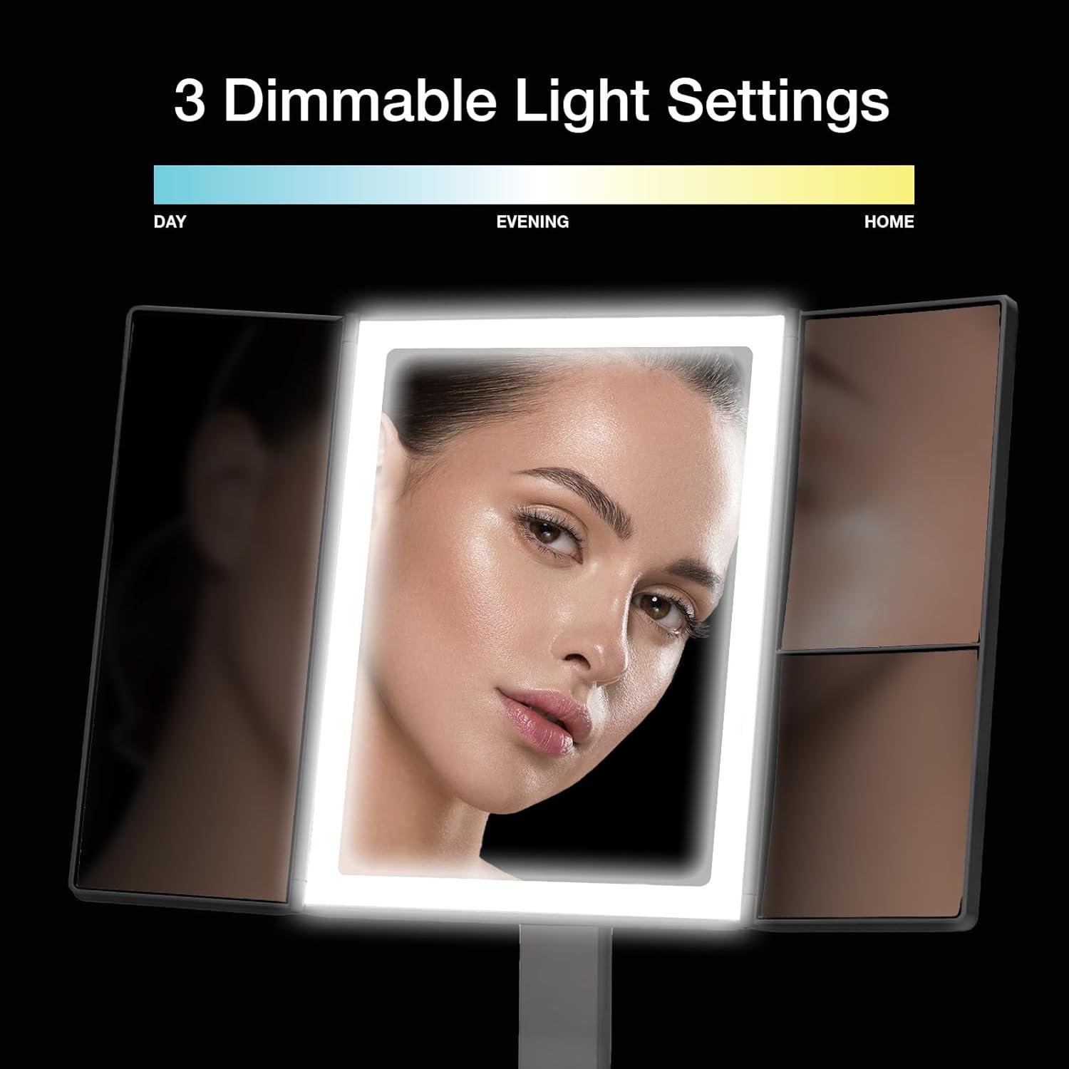 White LED Lighted Trifold Makeup Mirror with Magnification