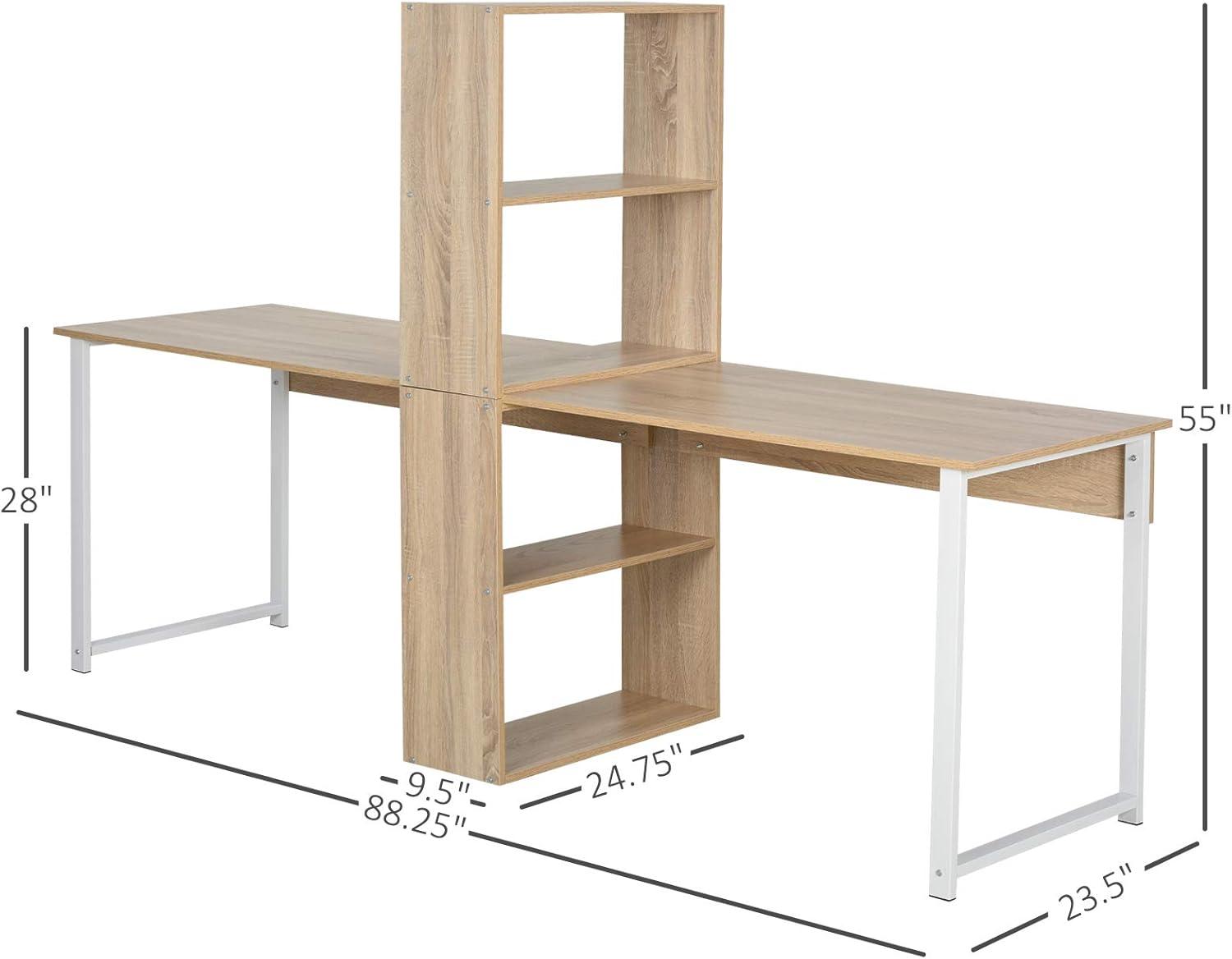 HomCom 88" Extra Long 2-Person Computer Desk with Bookshelf Combo Double Workstation Storage Unit Home Office Natural Wood