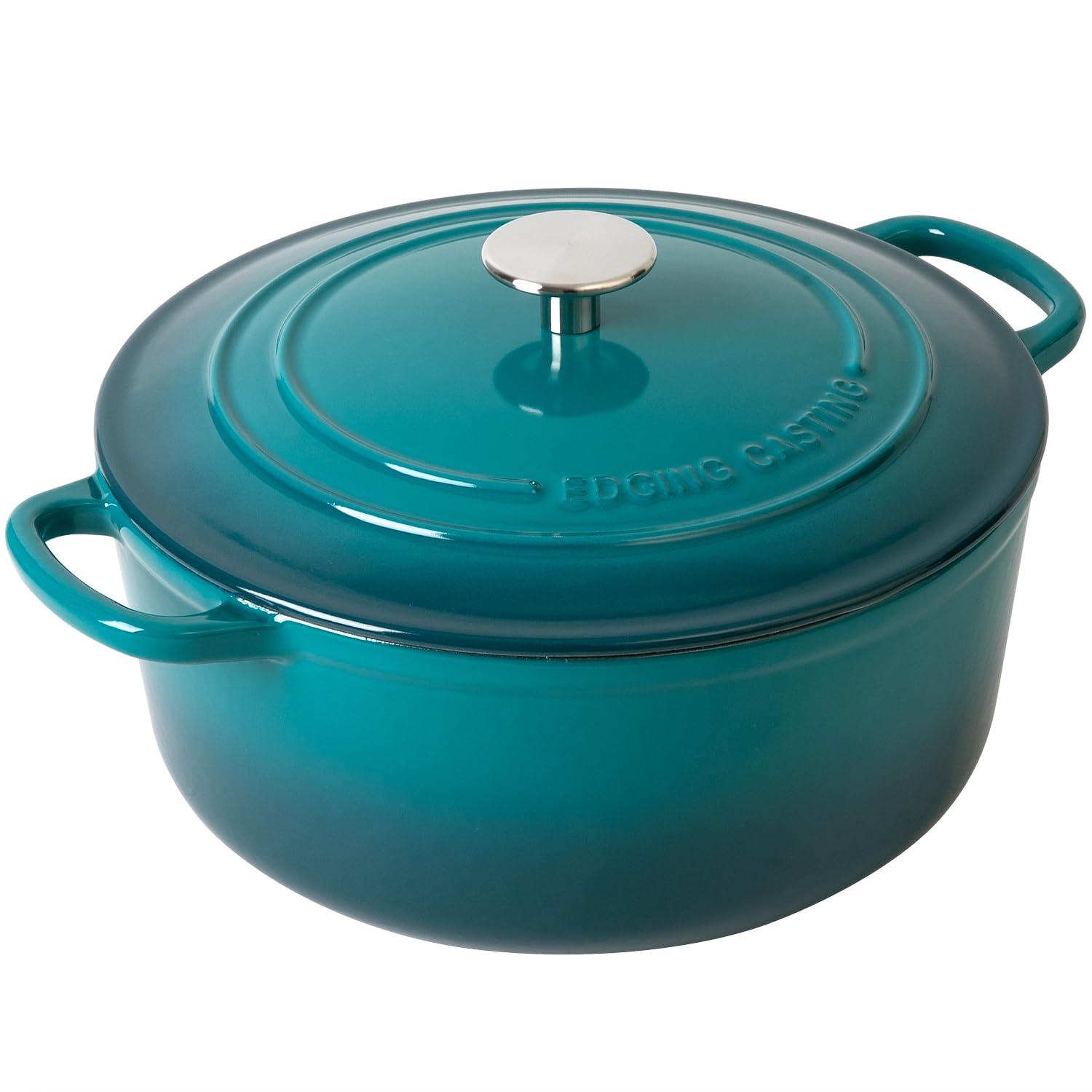Enameled Cast Iron Dutch Oven Pot with Lid for Bread Baking, Cooking, Round Bread Oven Dual Handles, 7 Quart, Darkcyan
