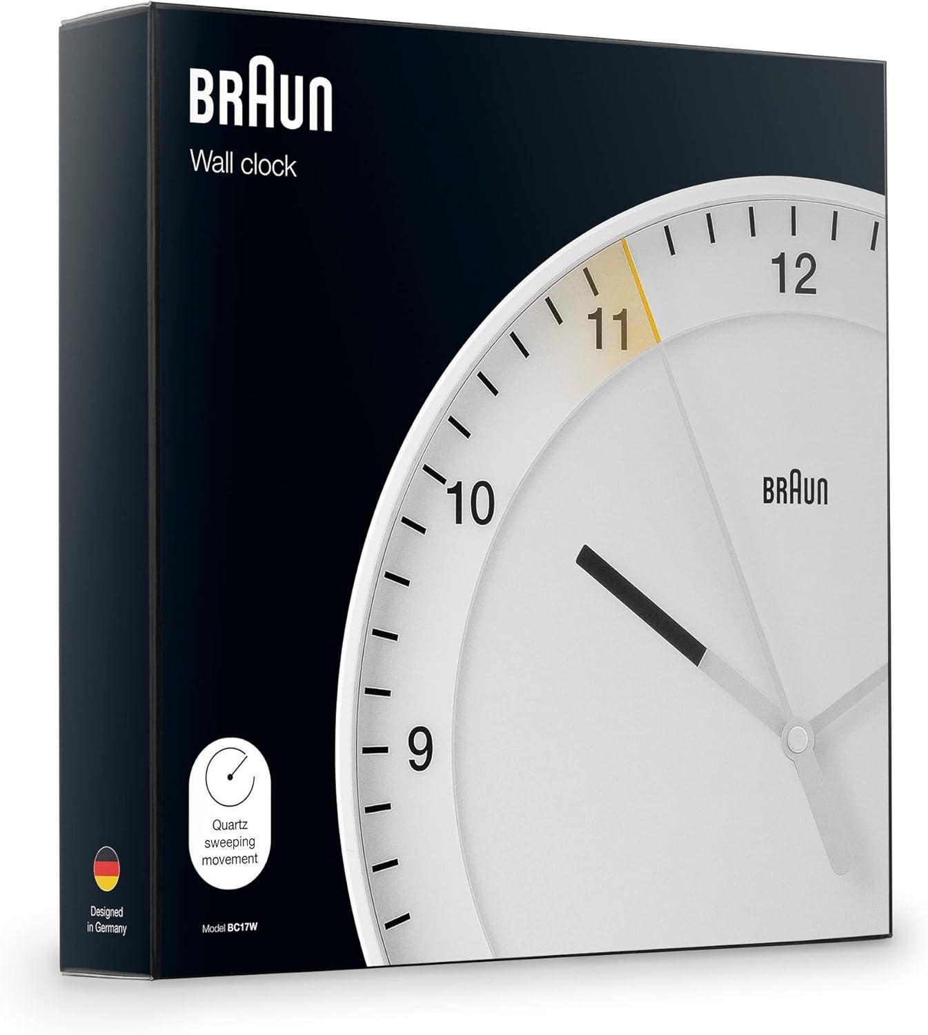 Braun 30cm White Silent Sweep Wall Clock with Glass Lens