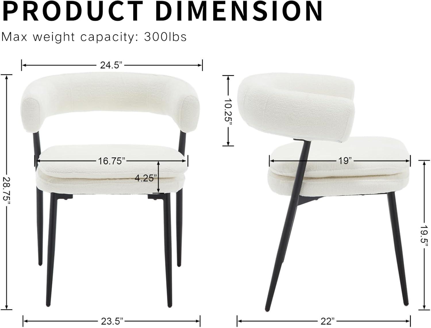 White Dining Chairs Set of 2, Boucle Dining Chairs, Upholstered Kitchen and Dining Room Chairs, Mid-Century Modern Dining Chairs with Black Metal Legs