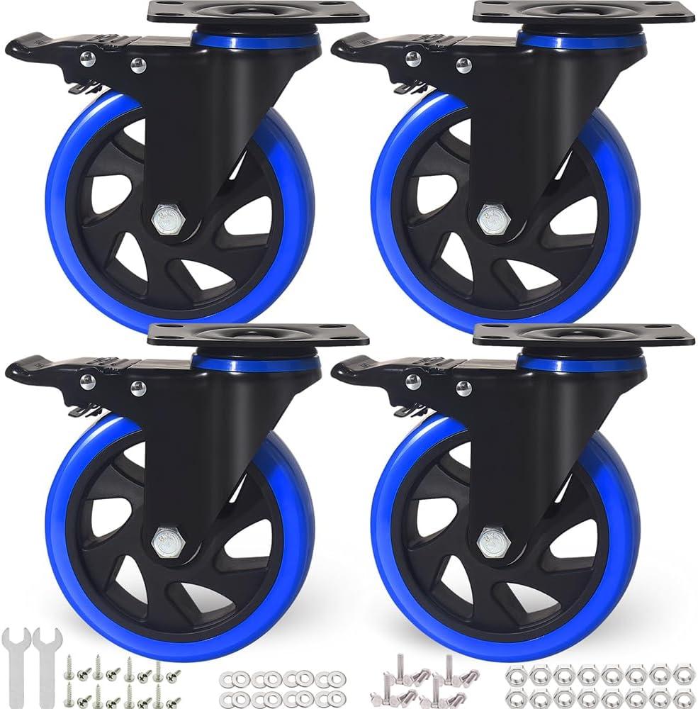 5 Inch Caster Wheels 2400Lbs, Castors Set of 4, Heavy Duty Casters with Brake, Safety Dual Locking Industrial Casters, No Noise Wheels with Polyurethane Foam (Two Hardware Kits Included)