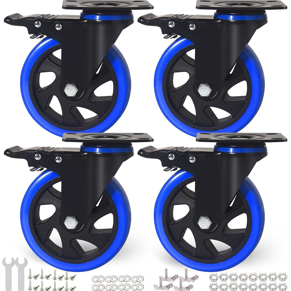 5 Inch Caster Wheels 2400Lbs, Castors Set of 4, Heavy Duty Casters with Brake, Safety Dual Locking Industrial Casters, No Noise Wheels with Polyurethane Foam (Two Hardware Kits Included)