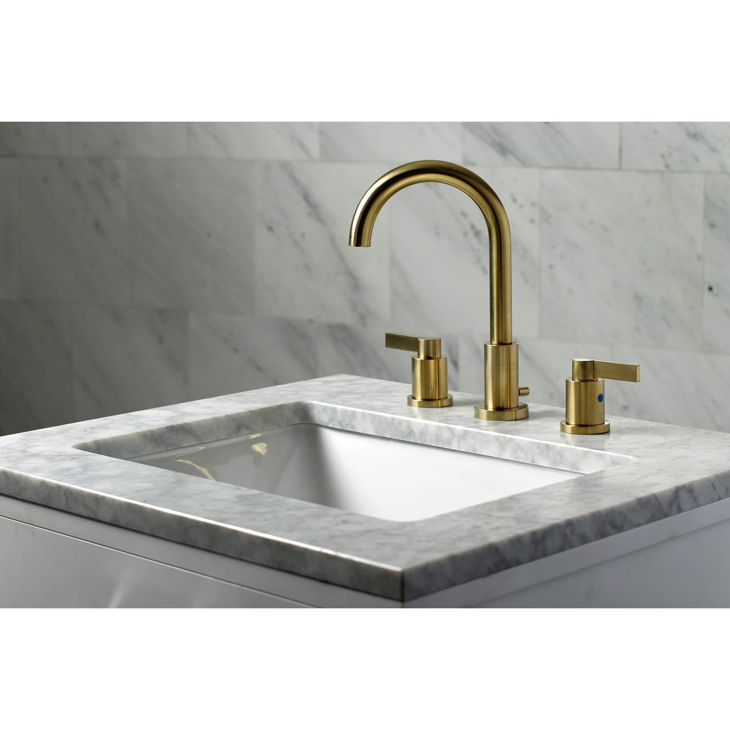 Kingston Brass NuvoFusion Two-Handle 3-Hole Deck Mount Widespread Bathroom Faucet with Brass Pop-Up Drain