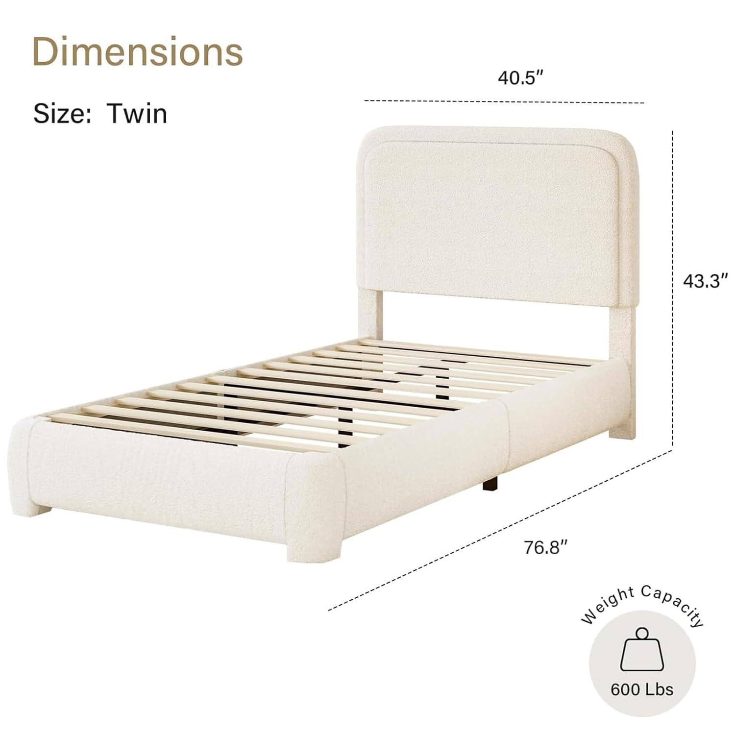 Manfred Boucle Upholstered Cloud Bed Frame with Rounded Corners Headboard, Soft Platform Bed Frame with Thickened Footboard