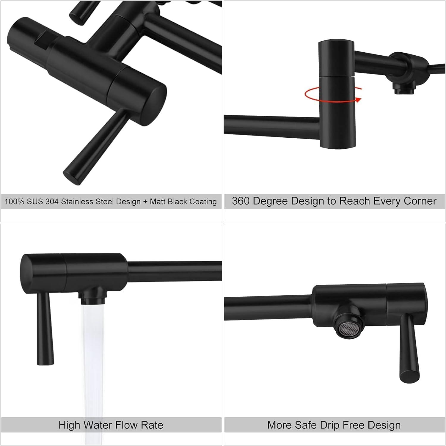 IMLEZON Pot Filler Faucet Stainless Steel Commercial Wall Mount Kitchen Sink Faucet Folding Stretchable with Single Hole Two Handles Black