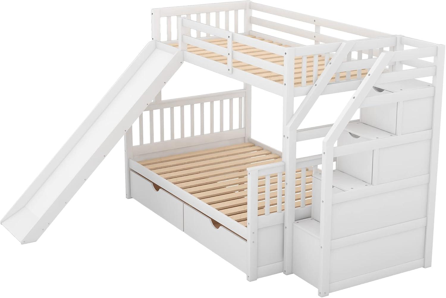Twin Over Full Bunk Bed with Stairs and Slide, Solid Wood Bunk Bed Frame with Storage Drawers for Kids Girls Boys (White)