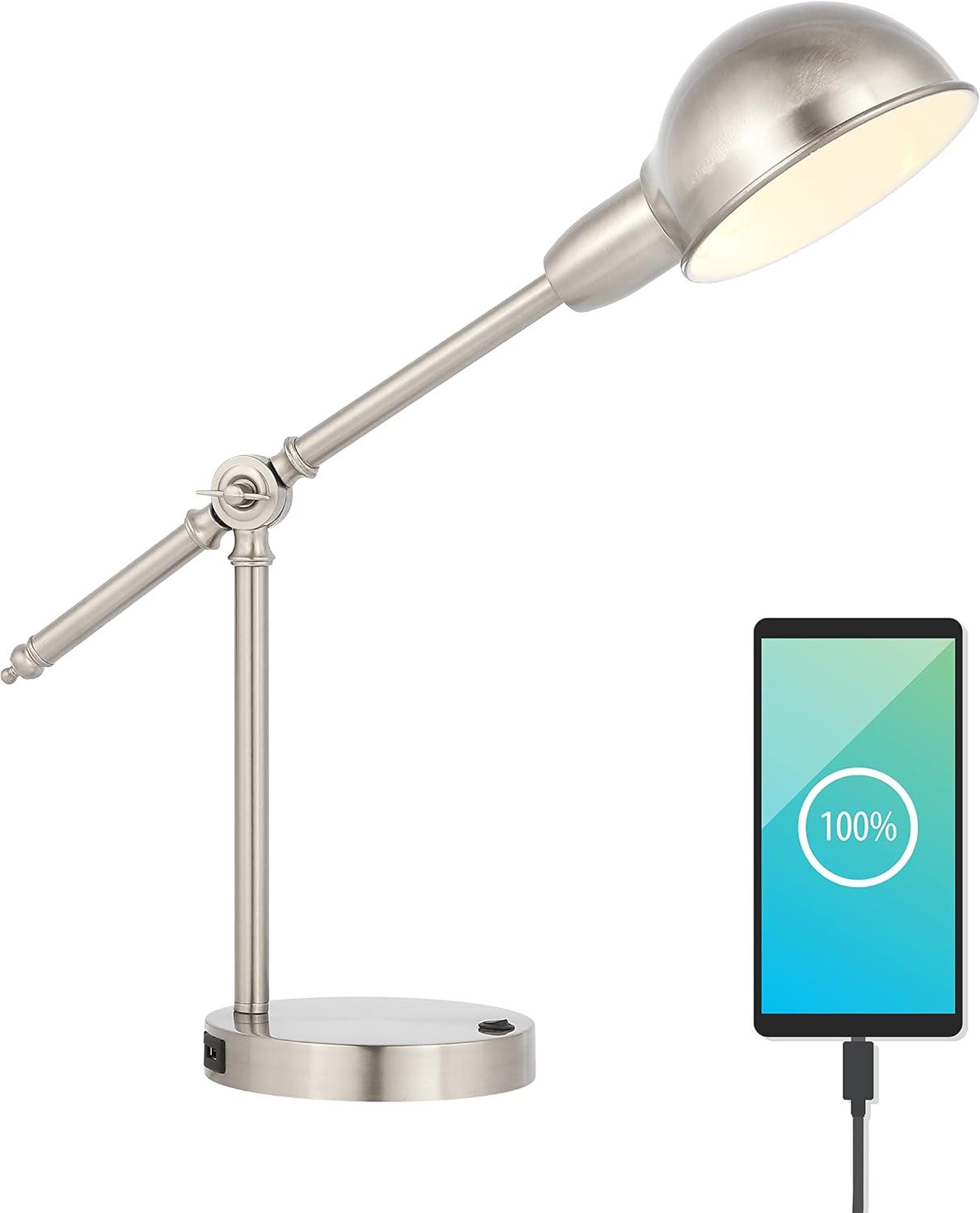 JONATHAN Y Curtis 20.25" Vintage Industrial Iron Adjustable Dome Shade LED Task Lamp with USB Charging Port, Nickel, JYL7123B