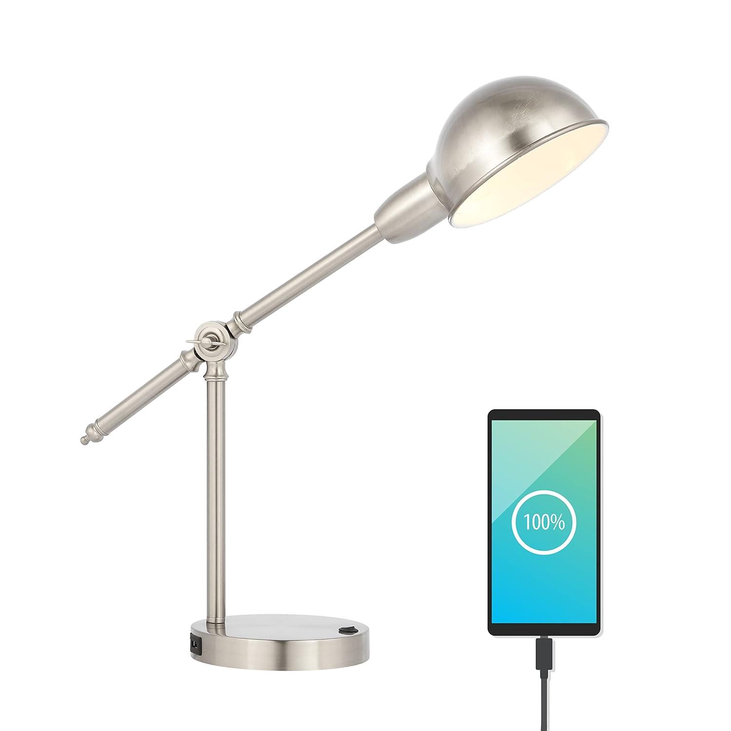 JONATHAN Y Curtis 20.25" Vintage Industrial Iron Adjustable Dome Shade LED Task Lamp with USB Charging Port, Nickel, JYL7123B