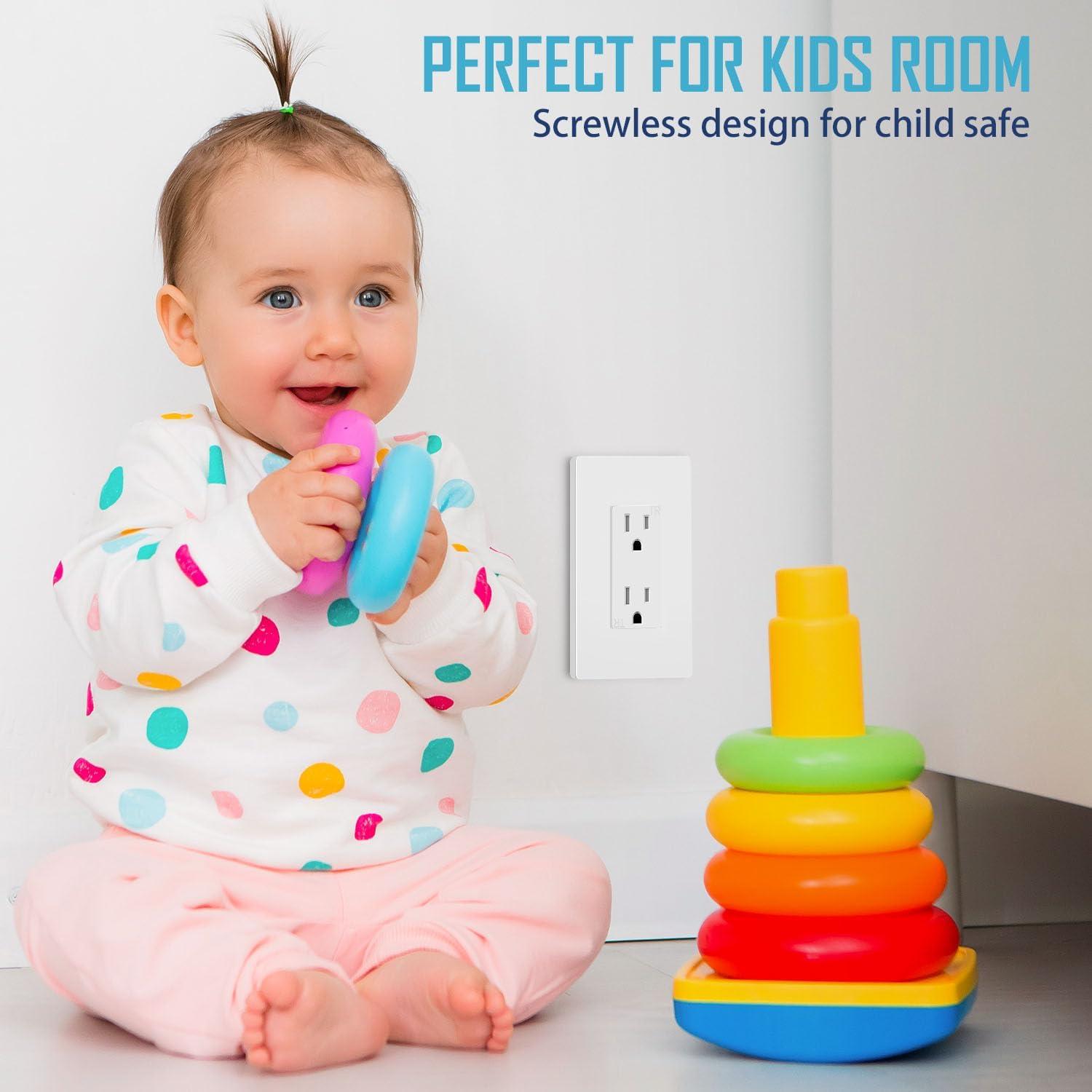 Screwless Decorator Wall Plate, Child Safe Outlet Cover, 1-Gang White Switch Plate Covers, Unbreakable Polycarbonate Thermoplastic, Standard Size, Glossy, 10 Pack