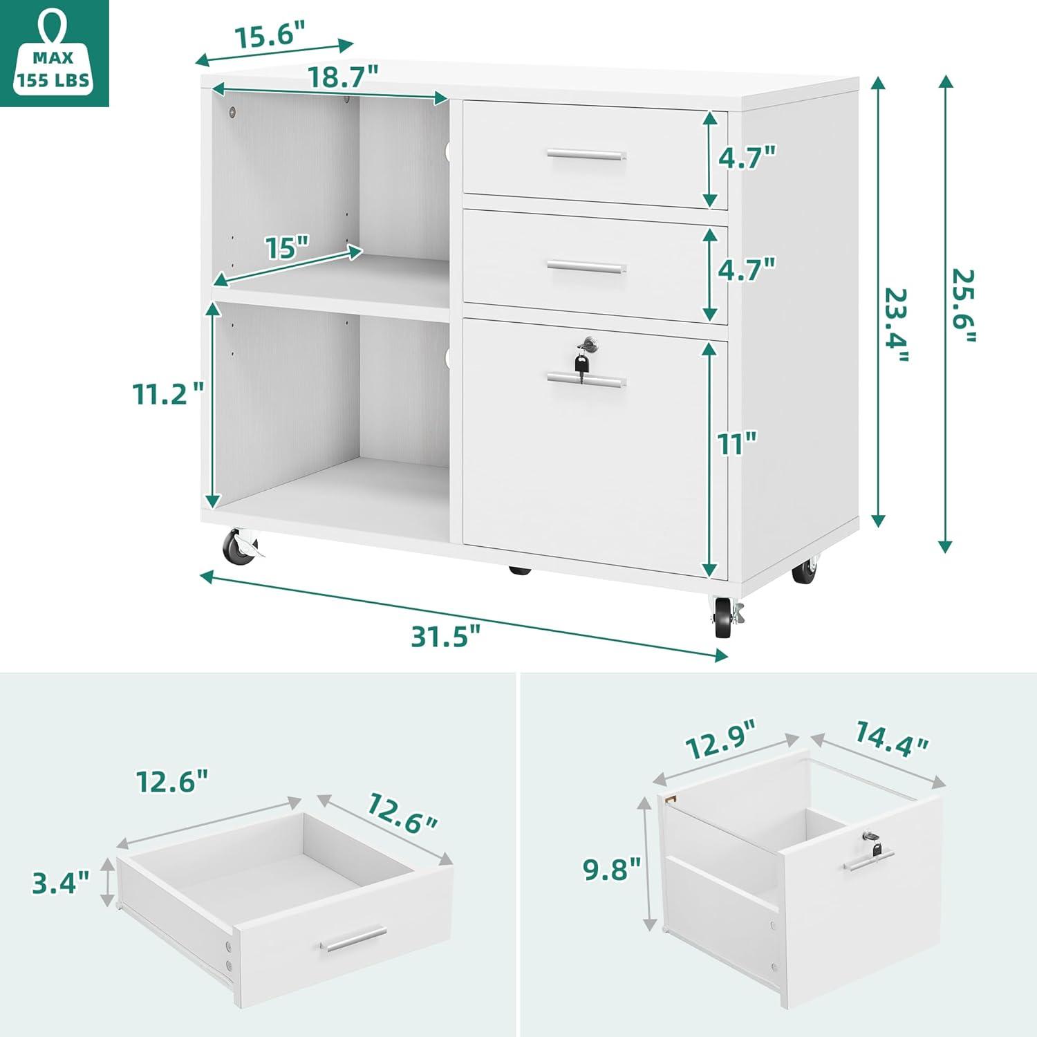 DWVO 3 Drawer Wood Lateral Filing Cabinet with Locks, Printer Stand Storage File Cabinet with Shelves for Home Office, White