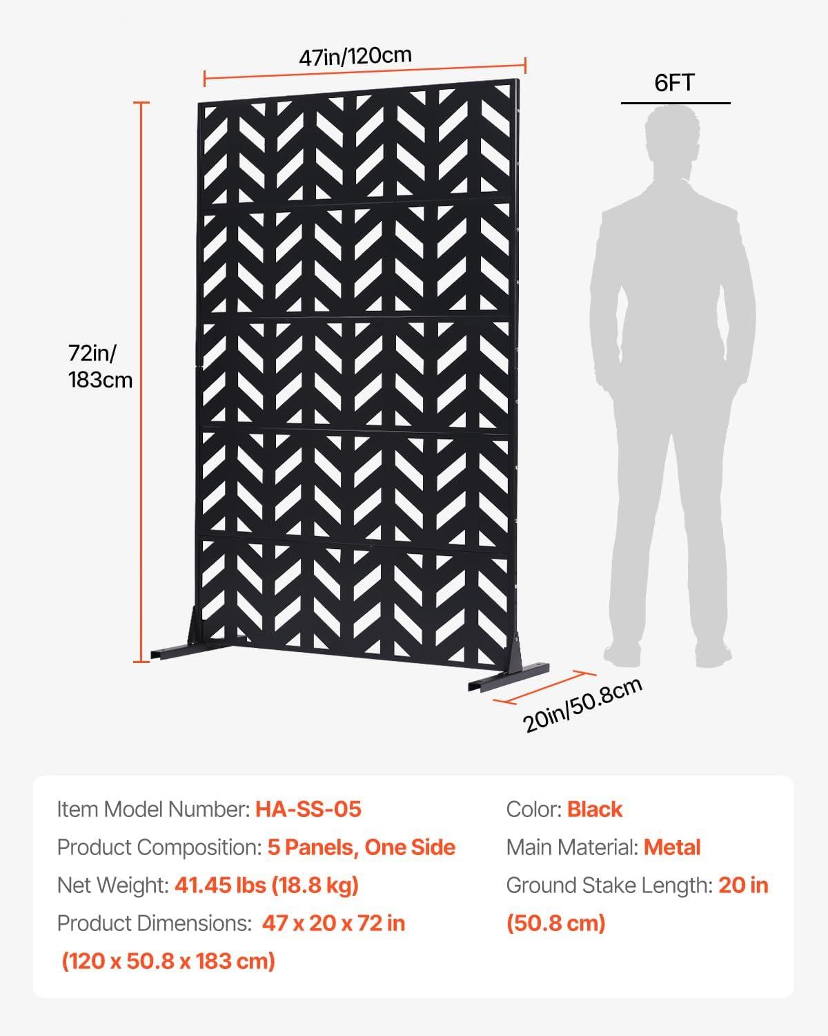 VEVOR Metal Privacy Screen, 47" W x 72" H, Outdoor Privacy Screens 5-Panel, Freestanding Outdoor Divider with Stand, Decorative Garden Steel Privacy Fence for Balcony Patio Indoor Room Black