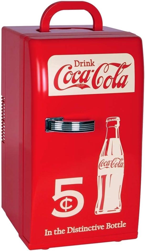 Coca-Cola Retro 18 Can Mini Fridge w/ 12V DC and 110V AC Cords, 22L (23 qt), Portable Cooler, Red, Travel Fridge for Drinks