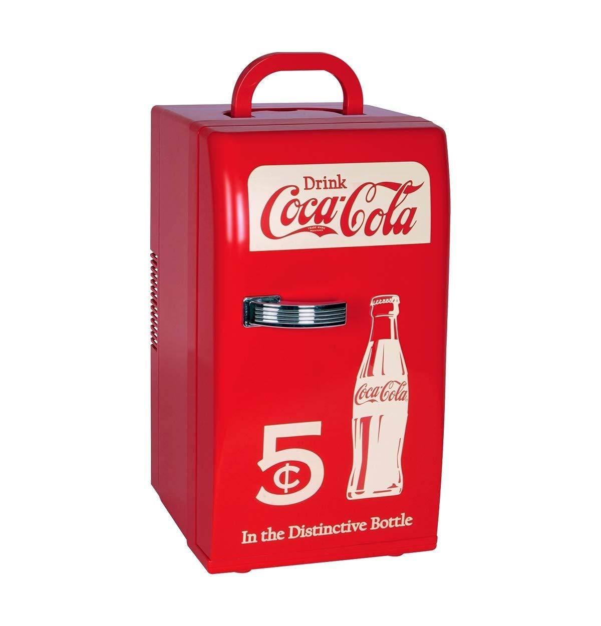 Coca-Cola Retro 18 Can Mini Fridge w/ 12V DC and 110V AC Cords, 22L (23 qt), Portable Cooler, Red, Travel Fridge for Drinks