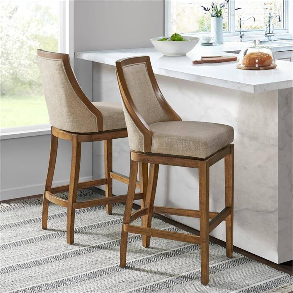 Alaterre Ellie Upholstered Swivel Bar Stool Chairs with Padded Seat and Back, Rubberwood Frame with Metal Kick Plate