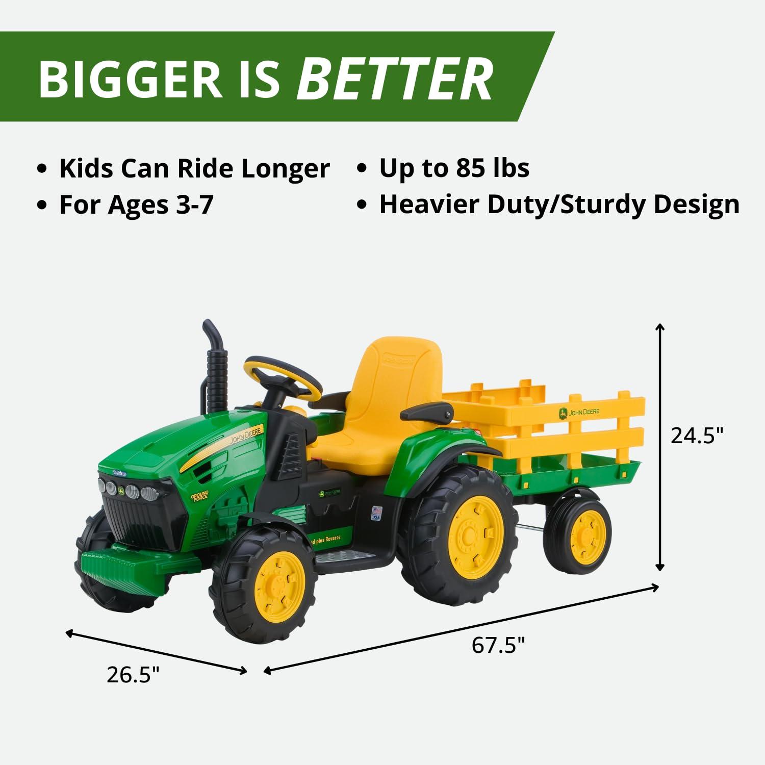 Peg Perego 12V John Deere Ground Force Tractor with Trailer Powered Ride-On - Green