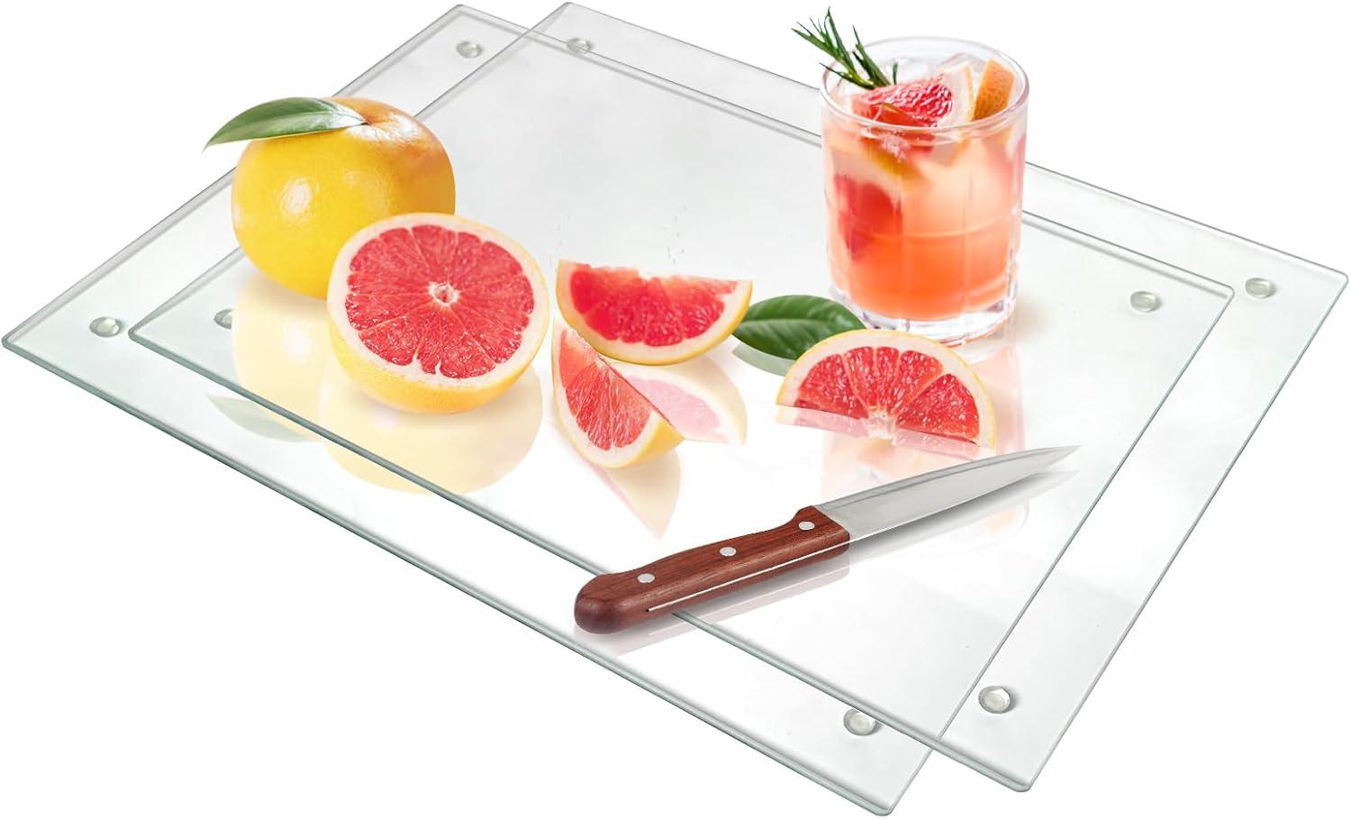 Tempered Glass Cutting Board for Kitchen, Clear Glass Board for Countertop, Heat Resistant, with Non-Slip Feet, 12x16" & 12x8" 2 Pcs Clear