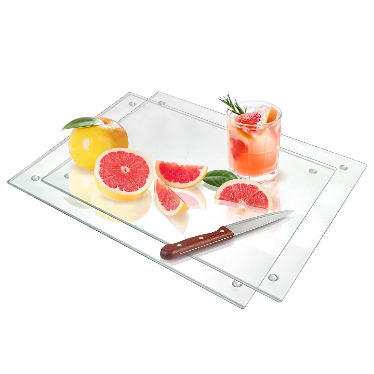 Tempered Glass Cutting Board for Kitchen, Clear Glass Board for Countertop, Heat Resistant, with Non-Slip Feet, 12x16" & 12x8" 2 Pcs Clear