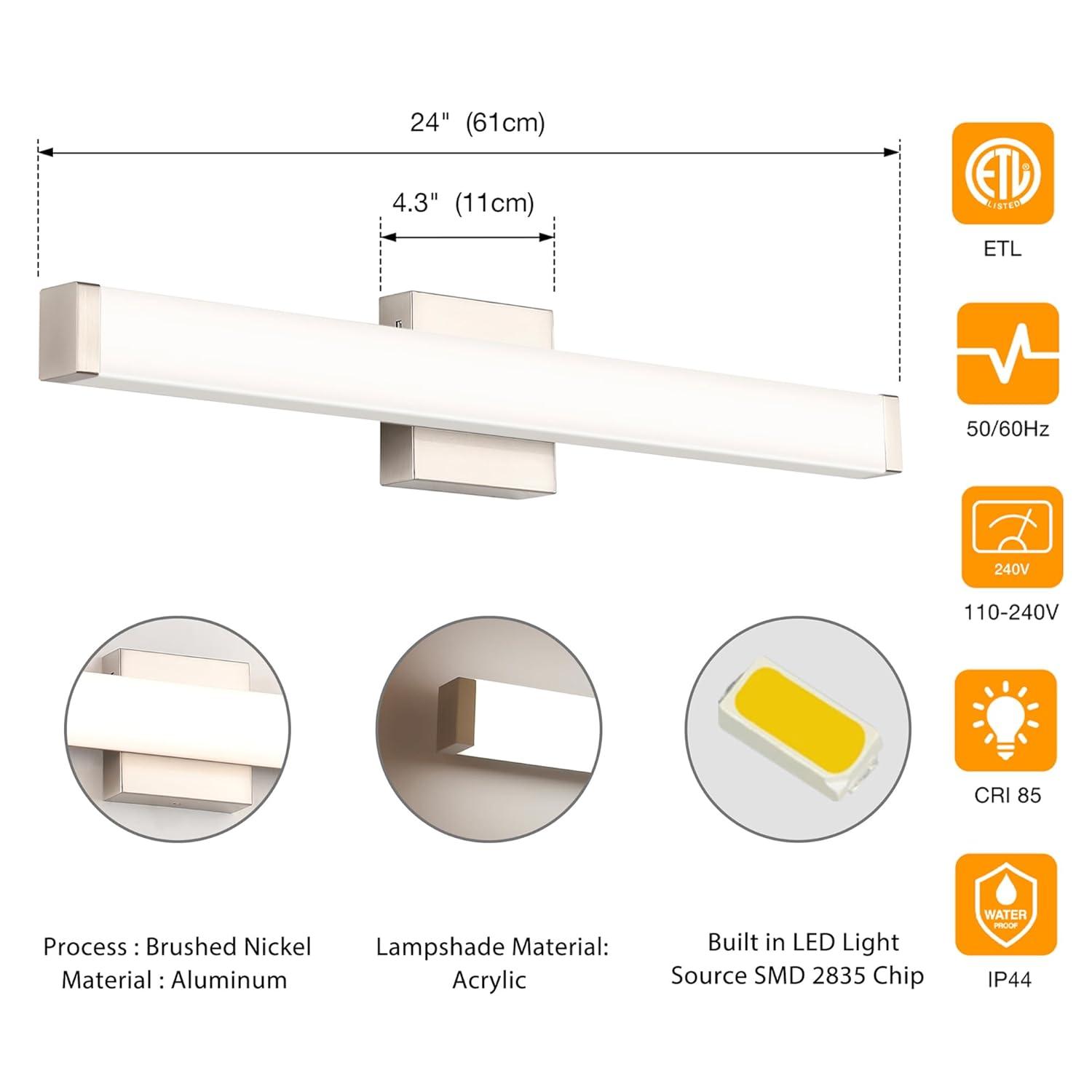 Bathroom Vanity Light Brushed Nickel Square LED 24 inch 14W 4000K Natural White Light Wall Bar Lighting Fixtures Over Mirror