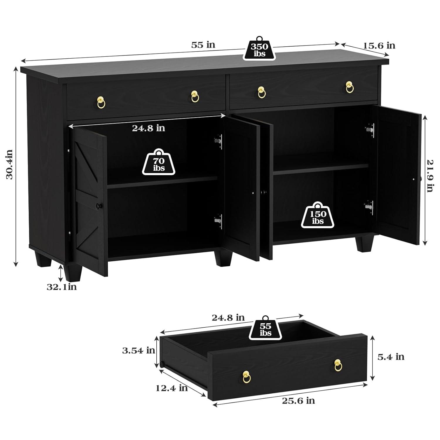 Danolapsi 55" Buffet Sideboard Cabinet with Storage,Double Door Kitchen Cabinet,Modern Farmhouse Coffee Bar Cabinet with Drawers,Wood Buffet Table Dining Room Cabinet for Kitchen,Living Room