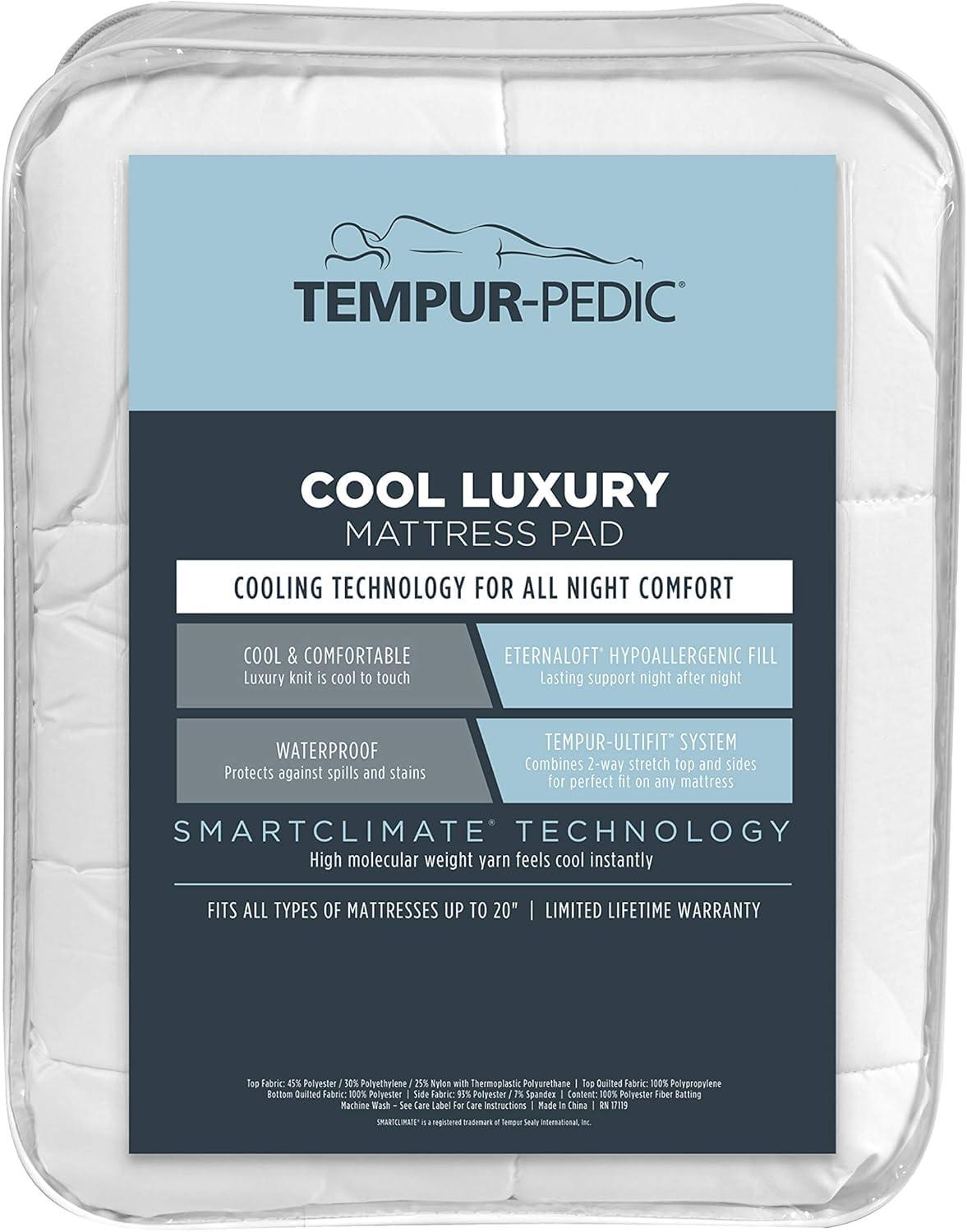 Tempur-Pedic Queen Cool Luxury Quilted Waterproof Machine Washable Fitted Mattress Pad: Hypoallergenic Protector