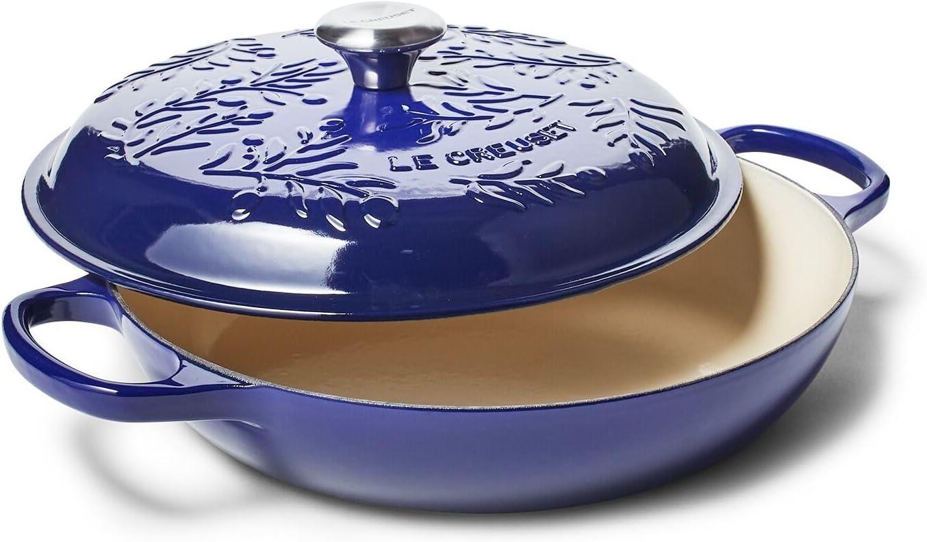 Indigo Cast Iron Round Braiser with Embossed Olive Branch Design