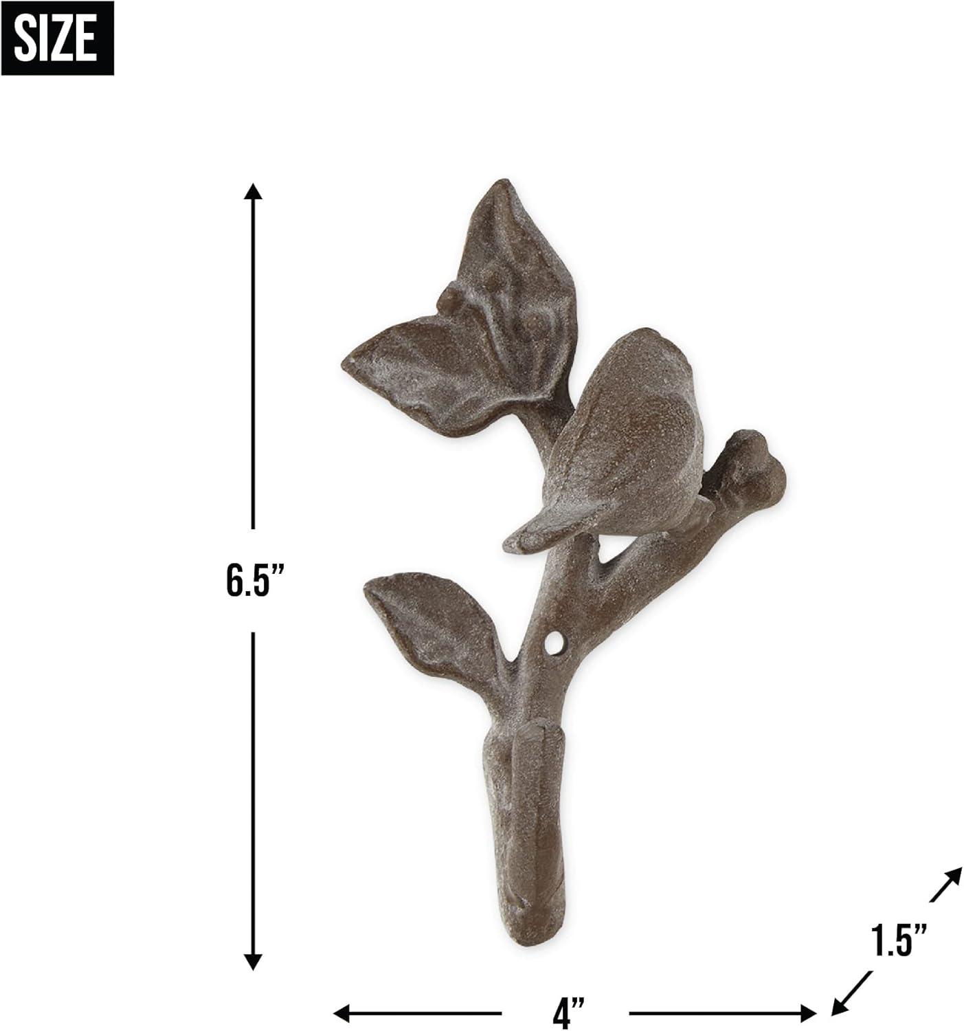 Cast Iron Bird with Leaves Wall Hook, Brown - Set of 2