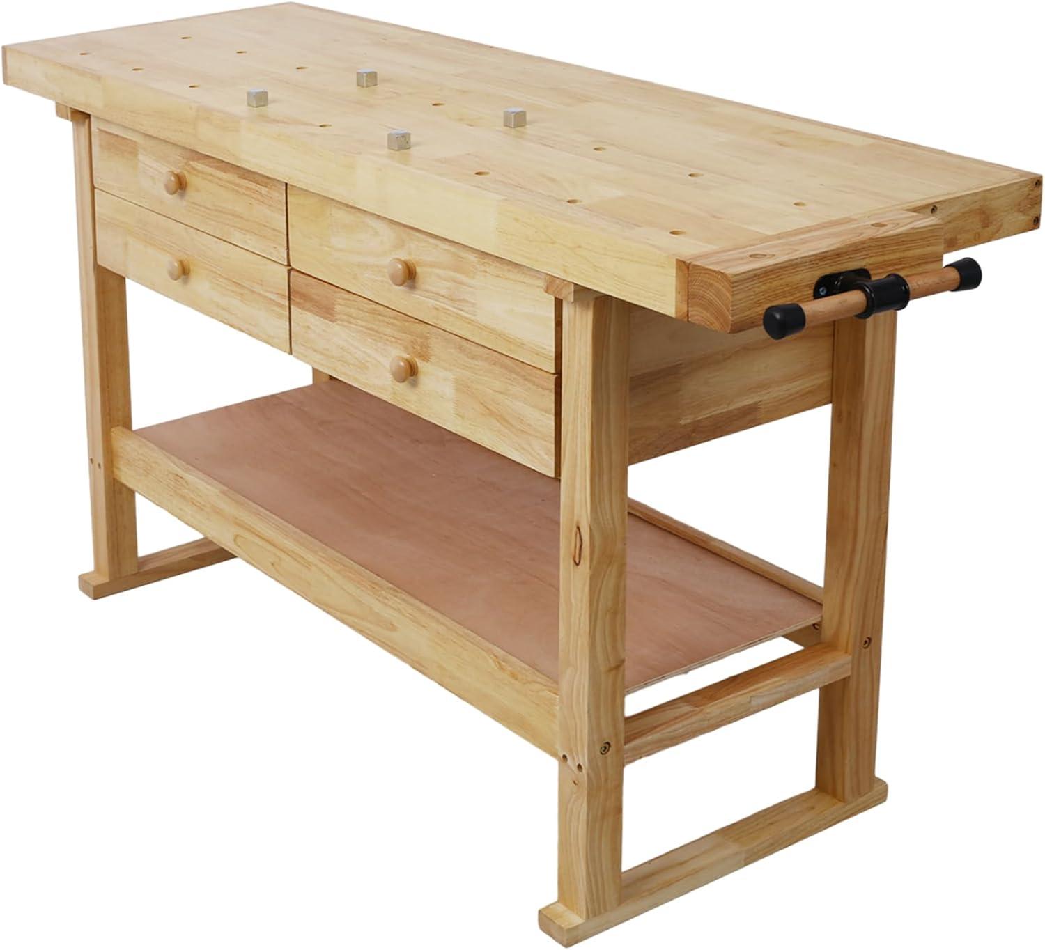 60" Natural Rubberwood Workbench with Drawers and Shelf