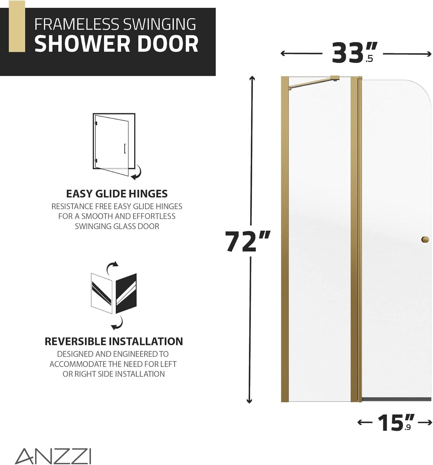 Brushed Gold Frameless Swinging Shower Door with Clear Glass