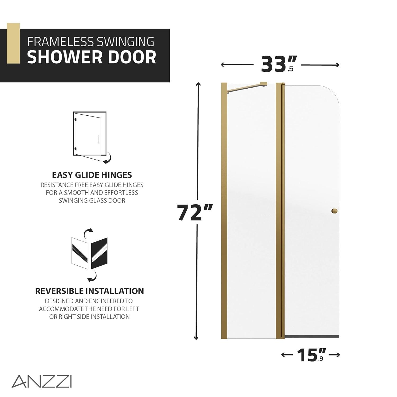 Anzzi 33.3” W x 72” H Frameless Shower Door